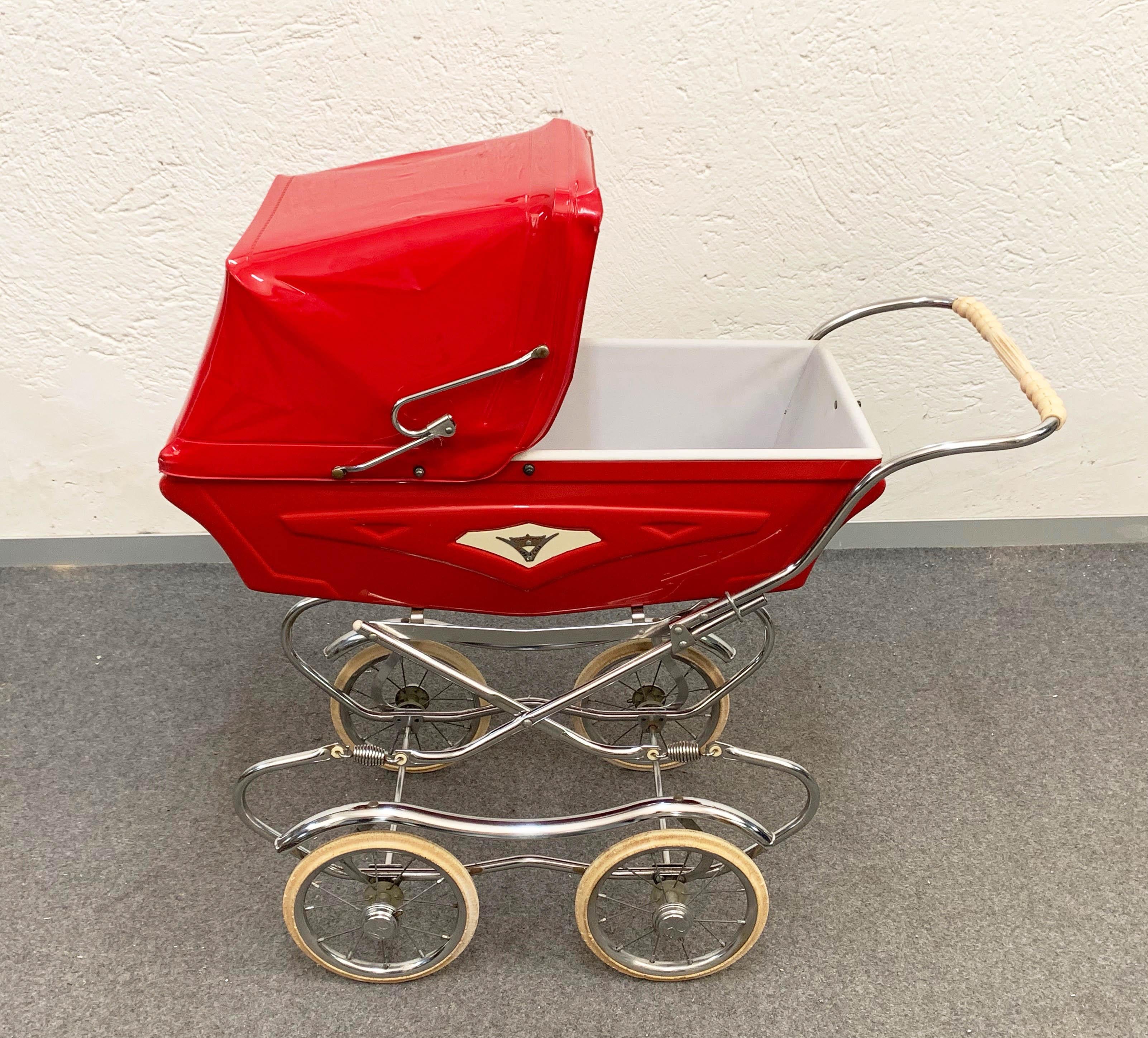 Mid-20th Century Baby Cars Midcentury Red Steel and Plastic Italian Baby Pram Stroller, 1950s