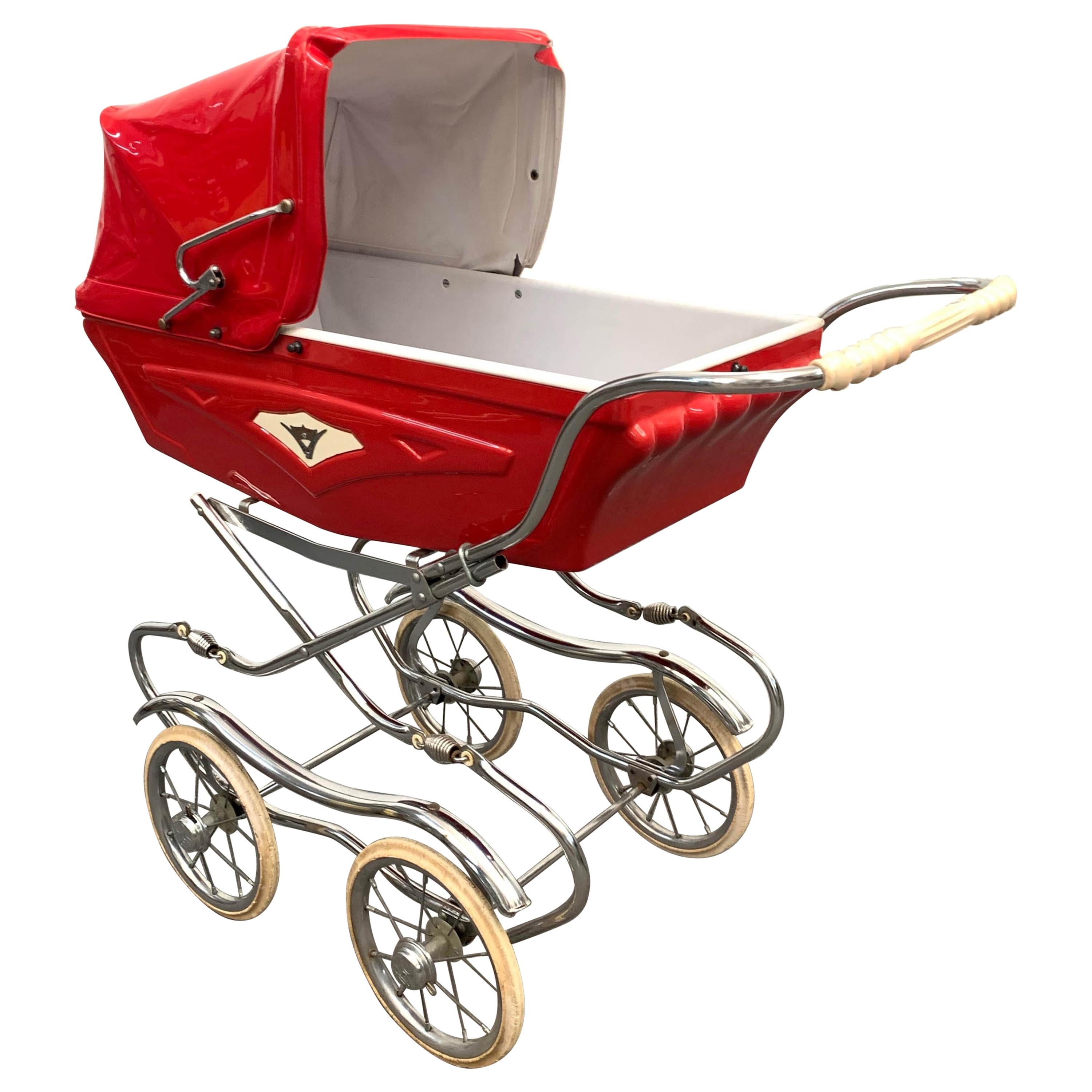 Baby Cars Midcentury Red Steel and Plastic Italian Baby Pram Stroller, 1950s