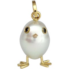 Baby Chick Australian Pearl Black Diamond 18 Karat Gold Pendant or Necklace