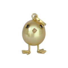 Baby Chick Australian Pearl Black Diamond Yellow 18 Karat Gold Pendant/Necklace