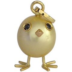 Baby Chick Australian Pearl Black Diamond Yellow 18 Karat Gold Pendant/Necklace