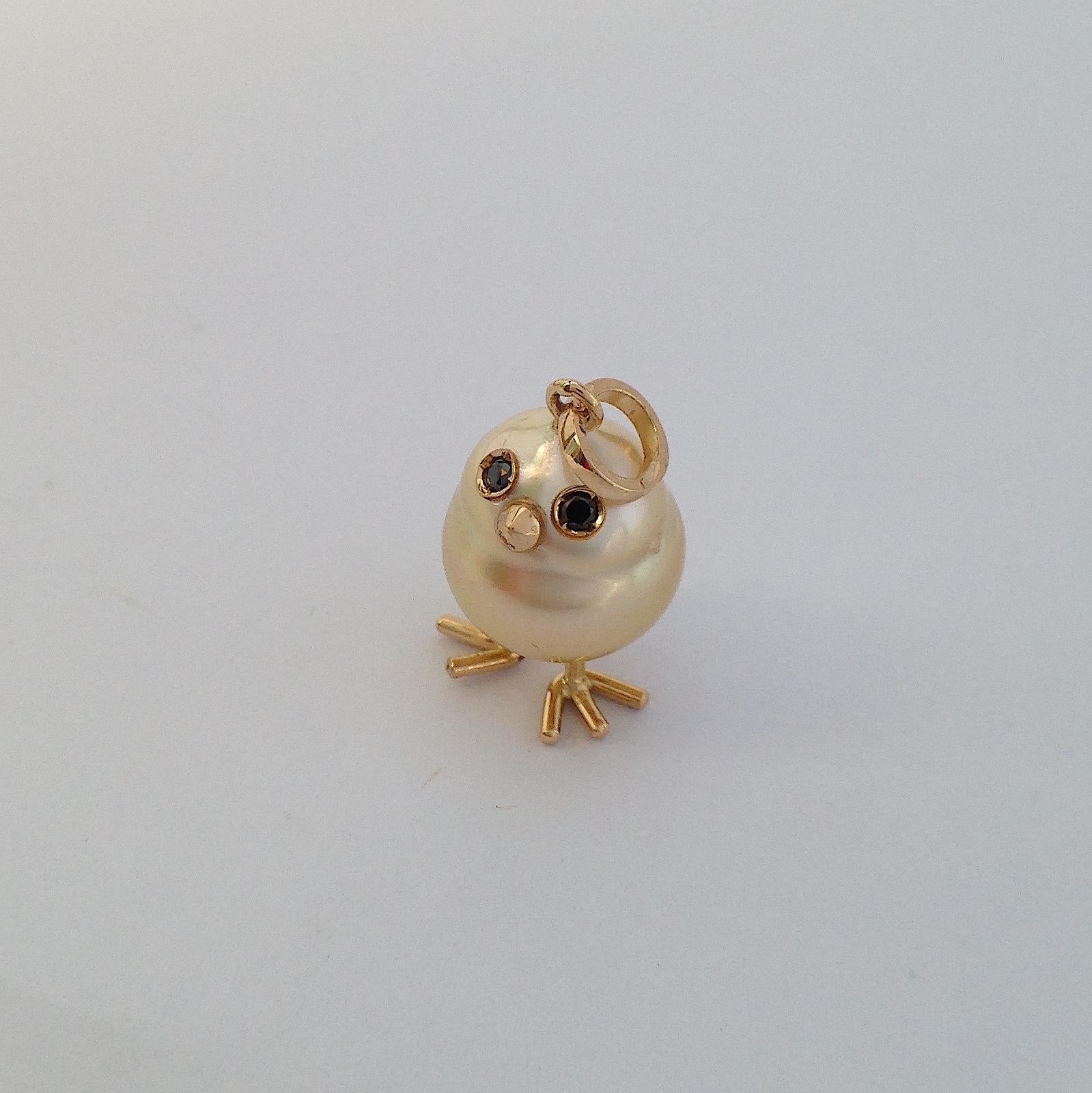 Baby Chick Australian Pearl Black Diamond Yellow 18Kt Gold Pendant/Necklace 7