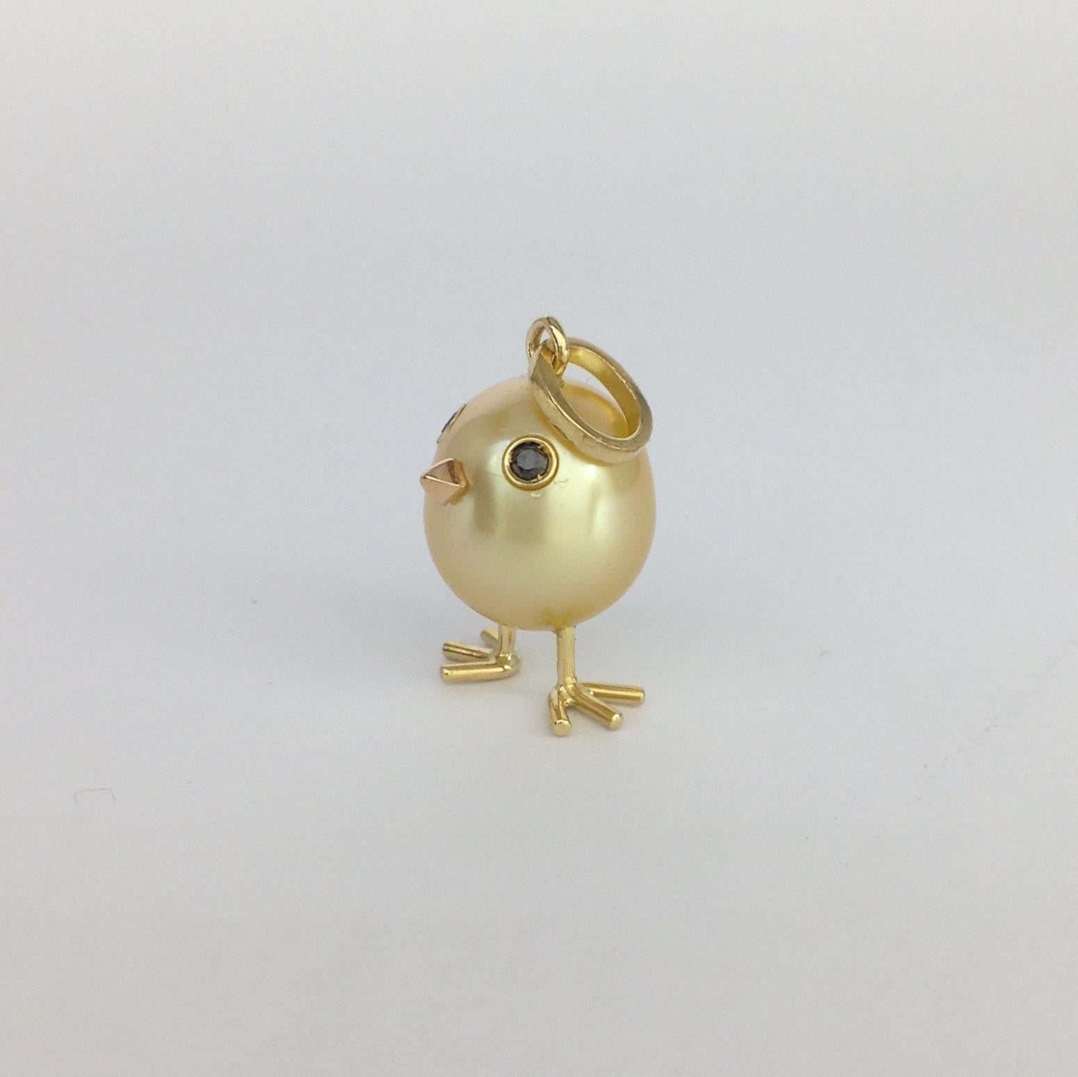 Baby Chick Australian Pearl Black Diamond Yellow 18 Karat Gold Pendant/Necklace 1