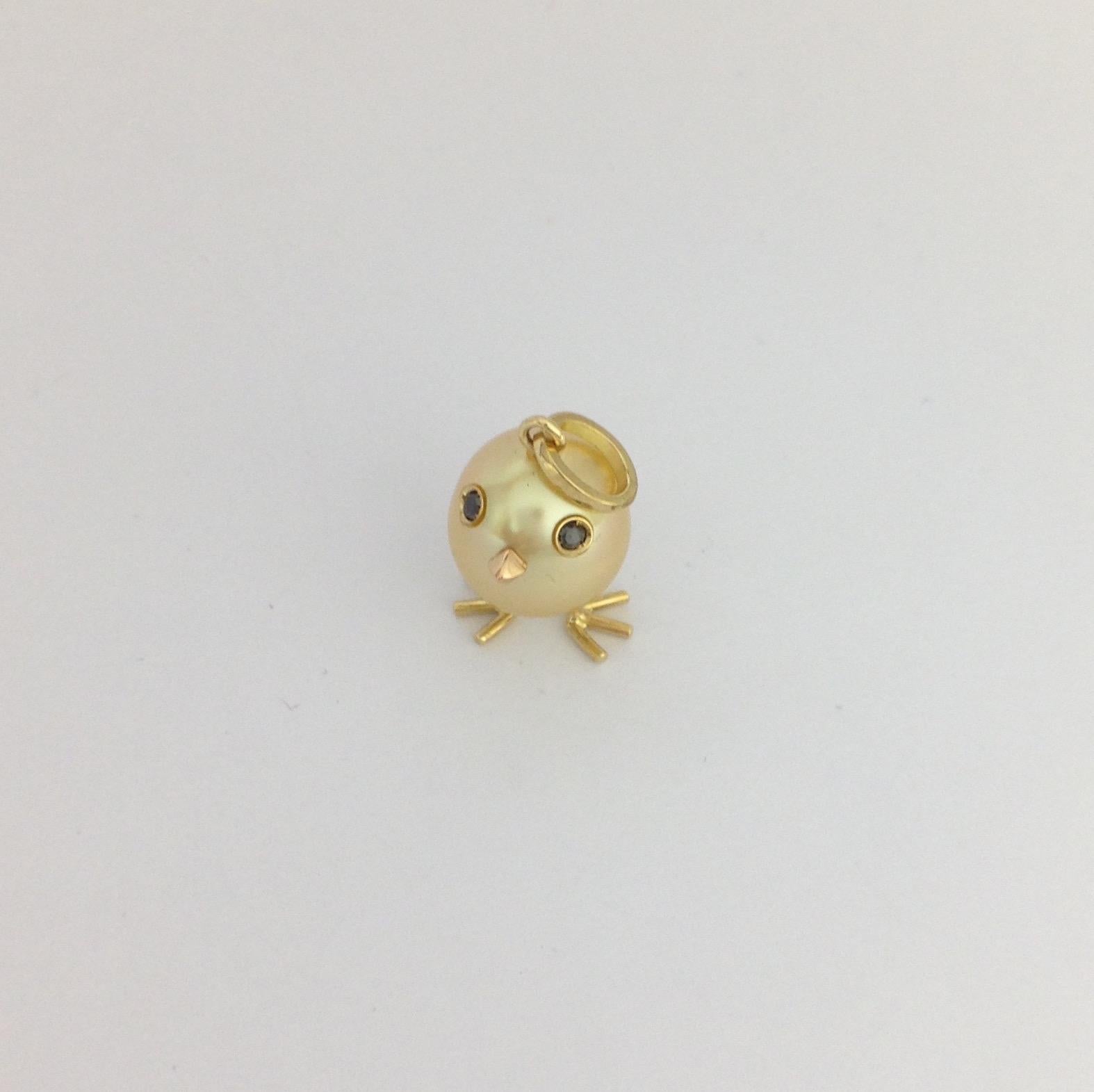 Baby Chick Australian Pearl Black Diamond Yellow 18 Karat Gold Pendant/Necklace 2