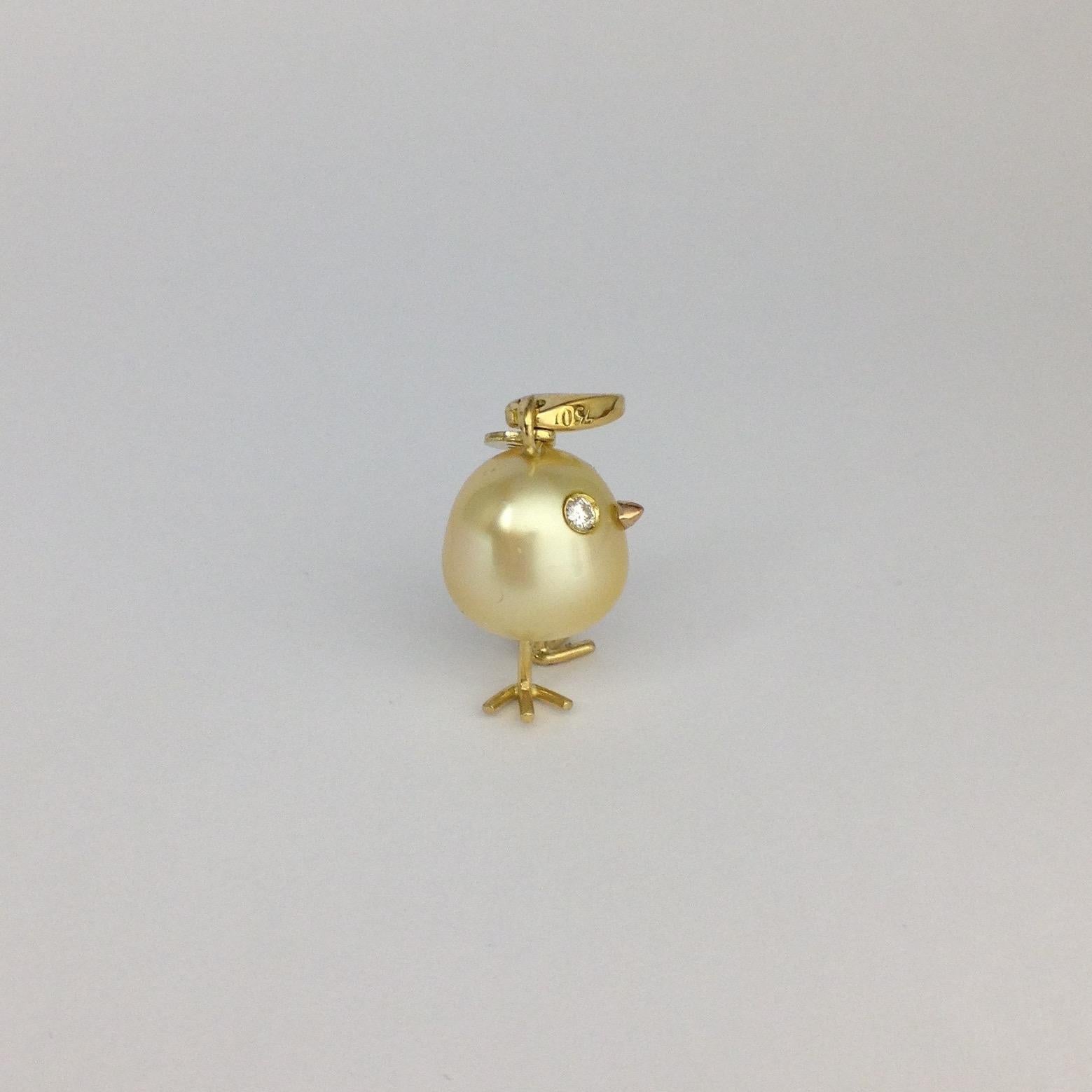 Baby Chick Australian Pearl Diamond Yellow 18 Karat Gold Pendant/Necklace 6