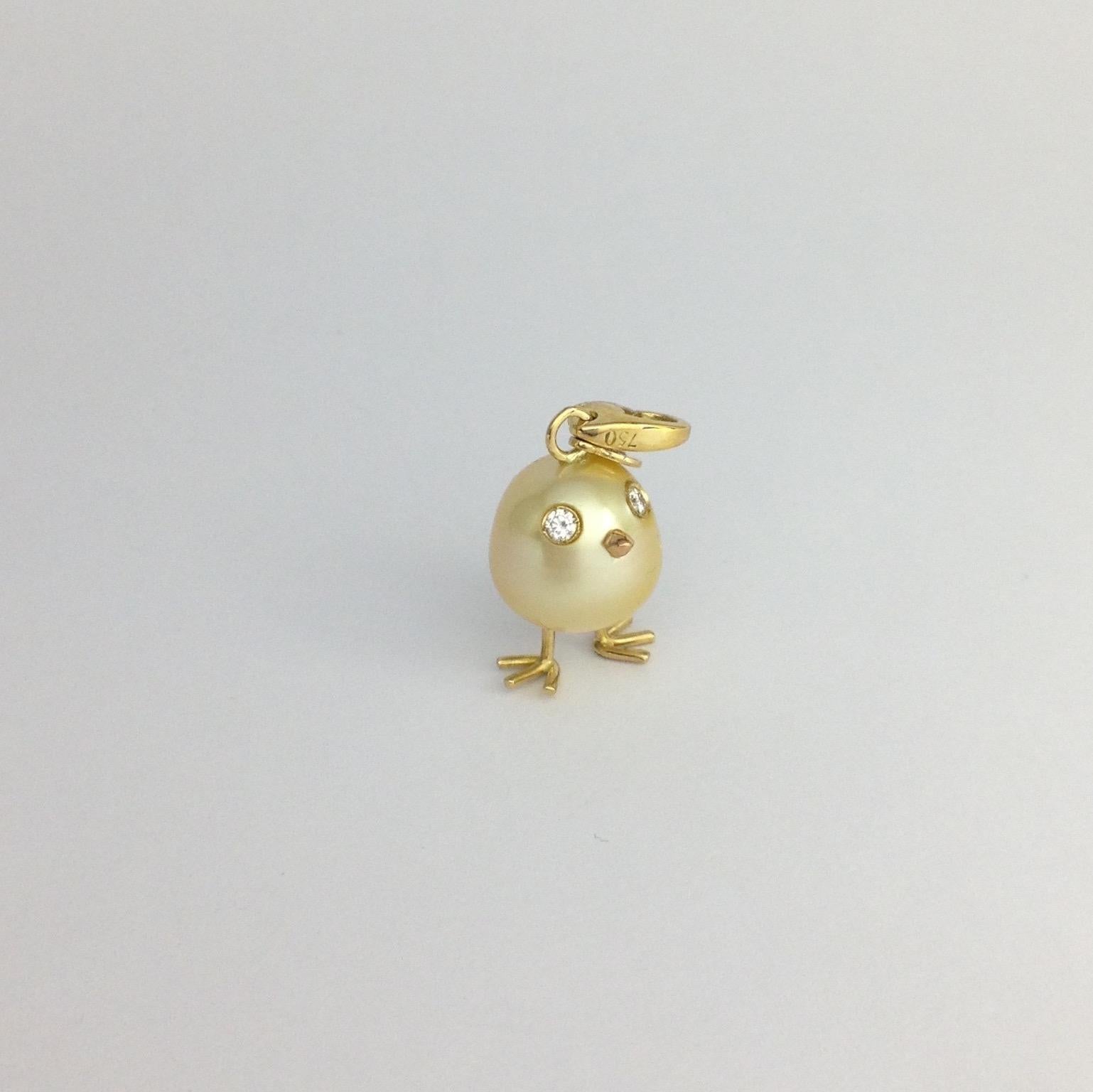 Artisan Baby Chick Australian Pearl Diamond Yellow 18 Karat Gold Pendant/Necklace