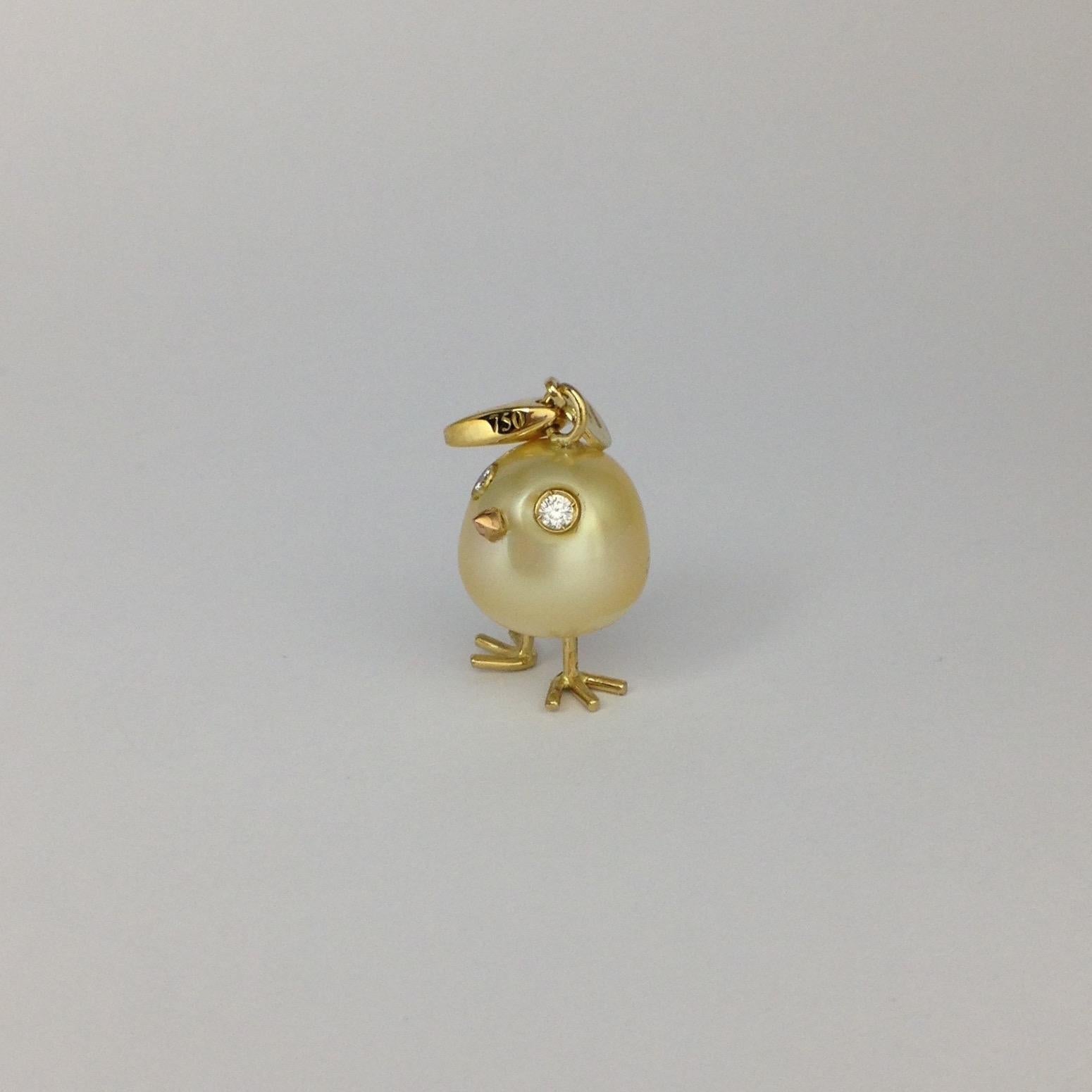 Baby Chick Australian Pearl Diamond Yellow 18 Karat Gold Pendant/Necklace 1