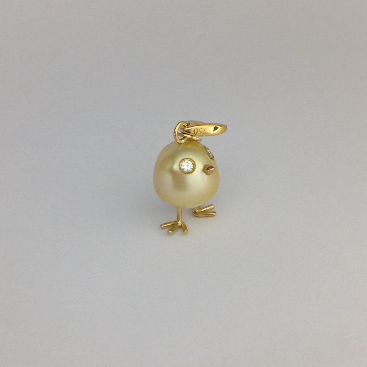 Baby Chick Australian Pearl Diamond Yellow 18 Karat Gold Pendant/Necklace 3