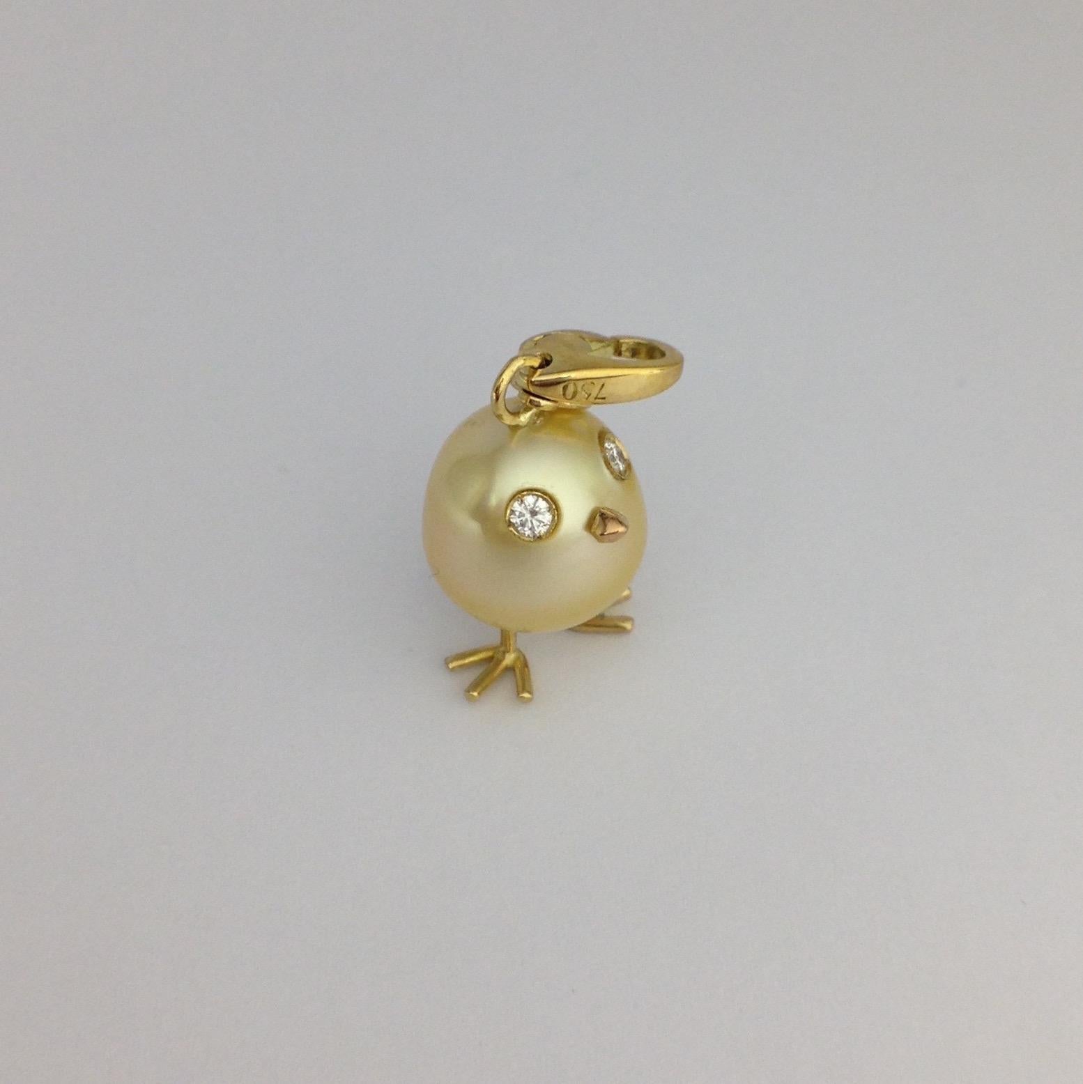 Baby Chick Australian Pearl Diamond Yellow 18 Karat Gold Pendant/Necklace 4