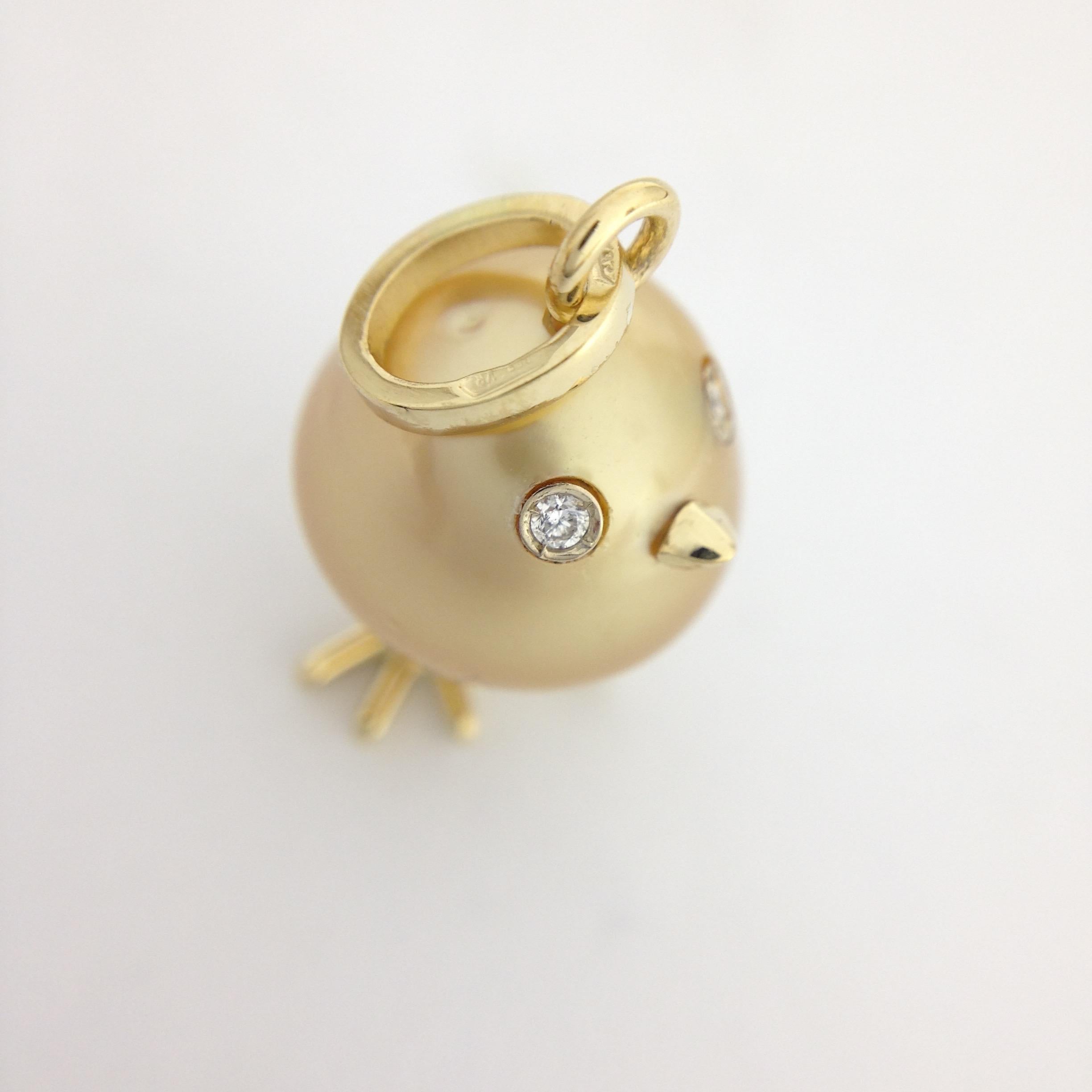 Baby Chick Australian Pearl Diamond Yellow 18 Karat Gold Pendant or Necklace 5