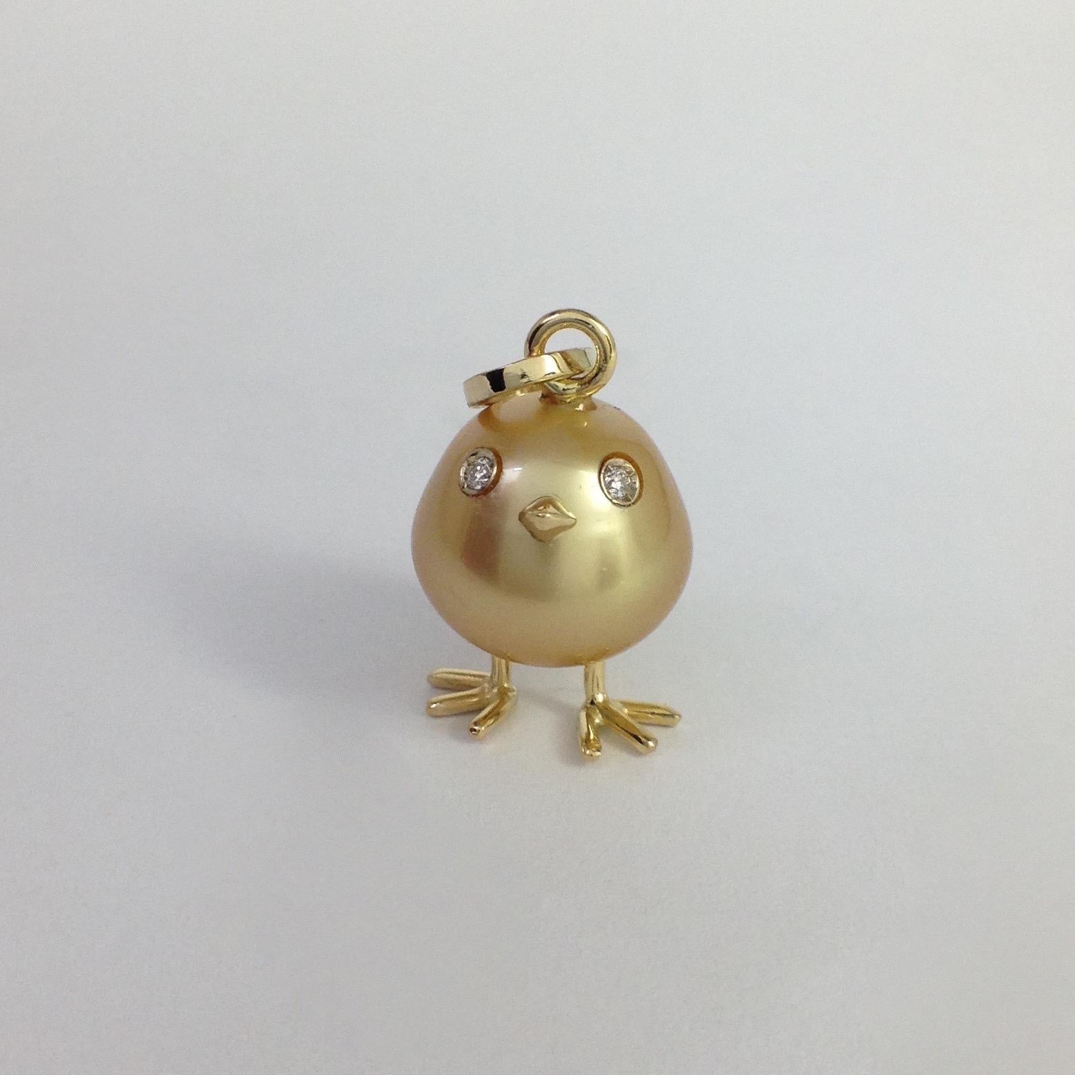 Baby Chick Australian Pearl Diamond Yellow 18 Karat Gold Pendant or Necklace 6
