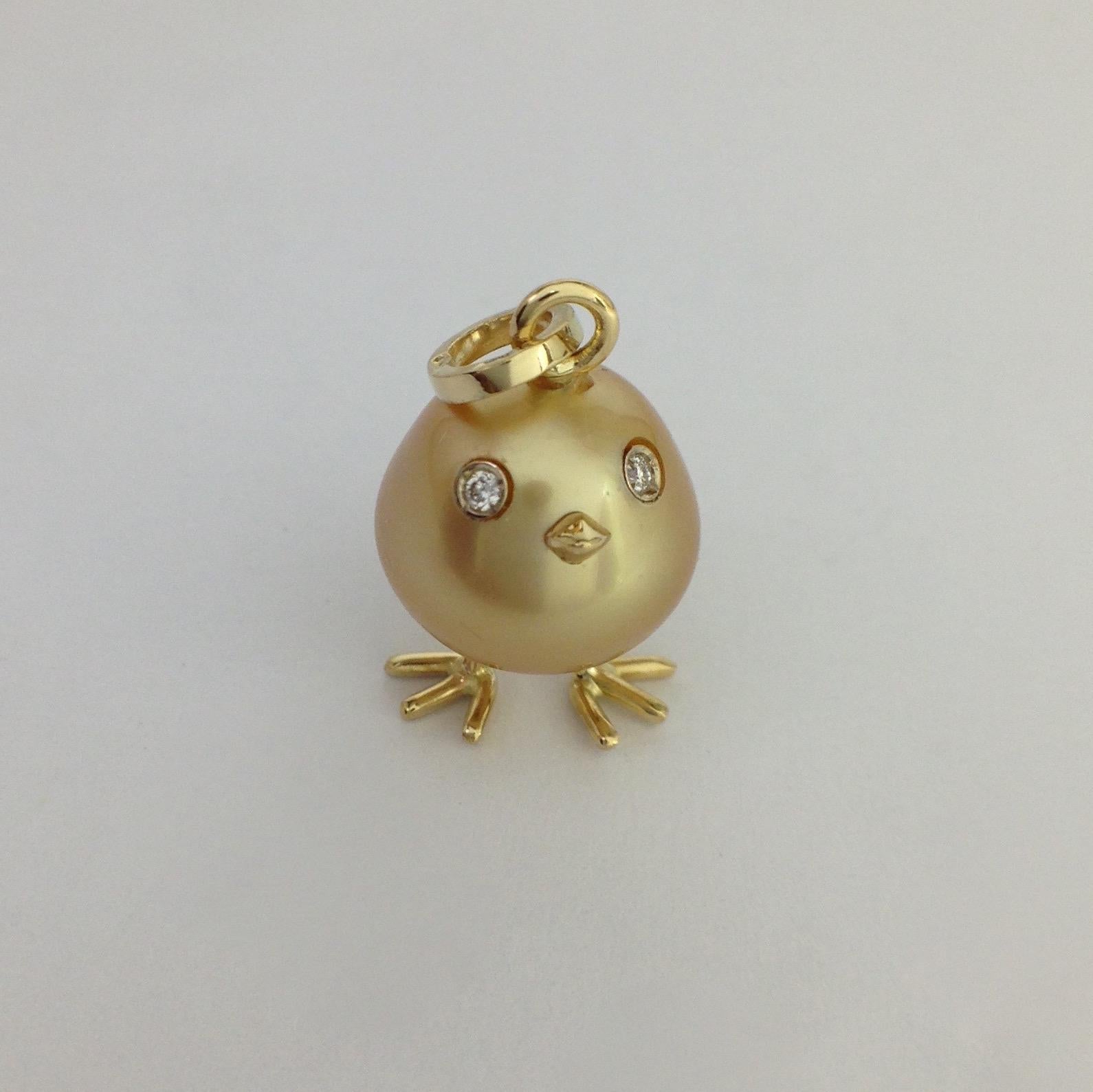 Women's Baby Chick Australian Pearl Diamond Yellow 18 Karat Gold Pendant or Necklace