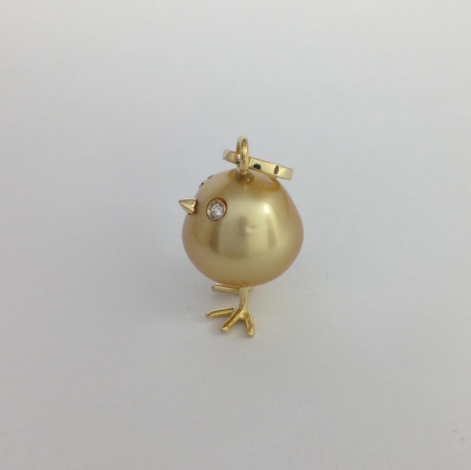 Baby Chick Australian Pearl Diamond Yellow 18 Karat Gold Pendant or Necklace 2