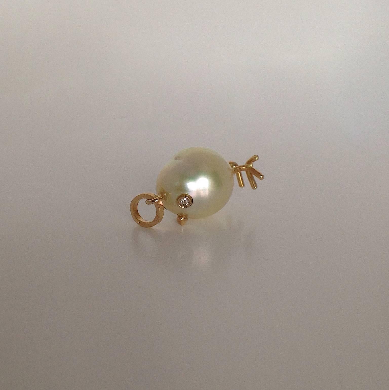Baby Chick Australian Pearl White Diamond Yellow Gold Pendant 1
