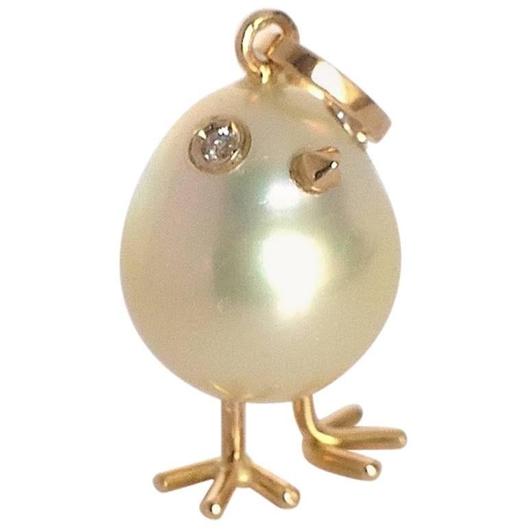 Baby Chick Australian Pearl White Diamond Yellow Gold Pendant