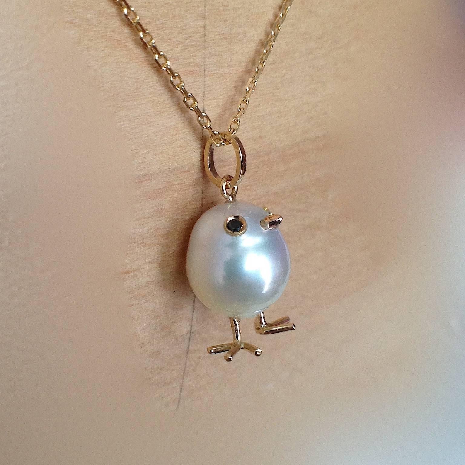 Contemporary Baby Chick Australian Pearl Black Diamond Yellow Gold Pendant