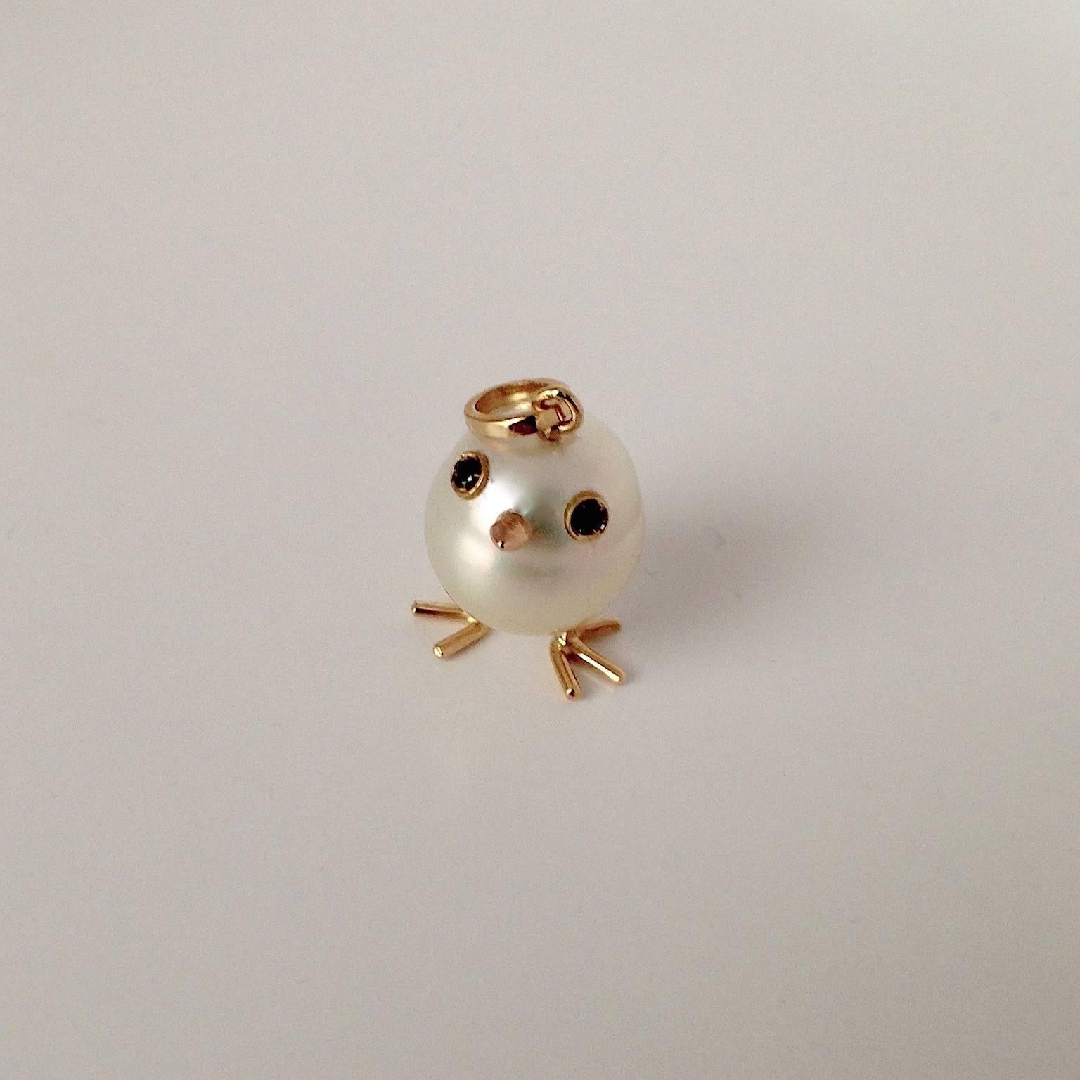 Baby Chick Australian Pearl Black Diamond Yellow Gold Pendant 1