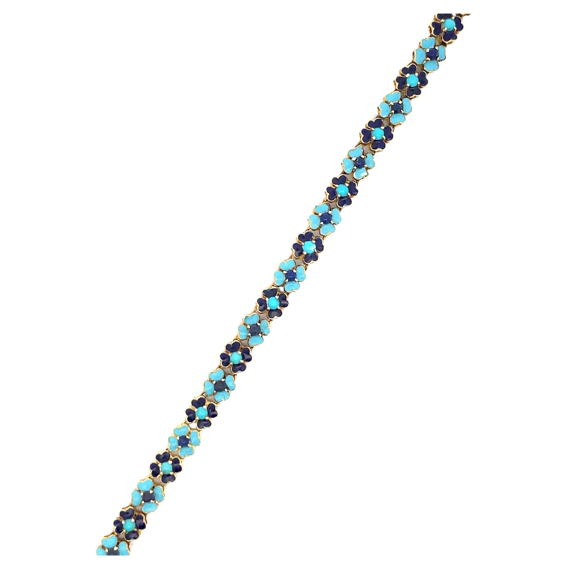 Bracelet marguerite en or 18 carats avec fleurs alternées bleu pâle et bleu foncé italien Excellent état - En vente à New York, NY