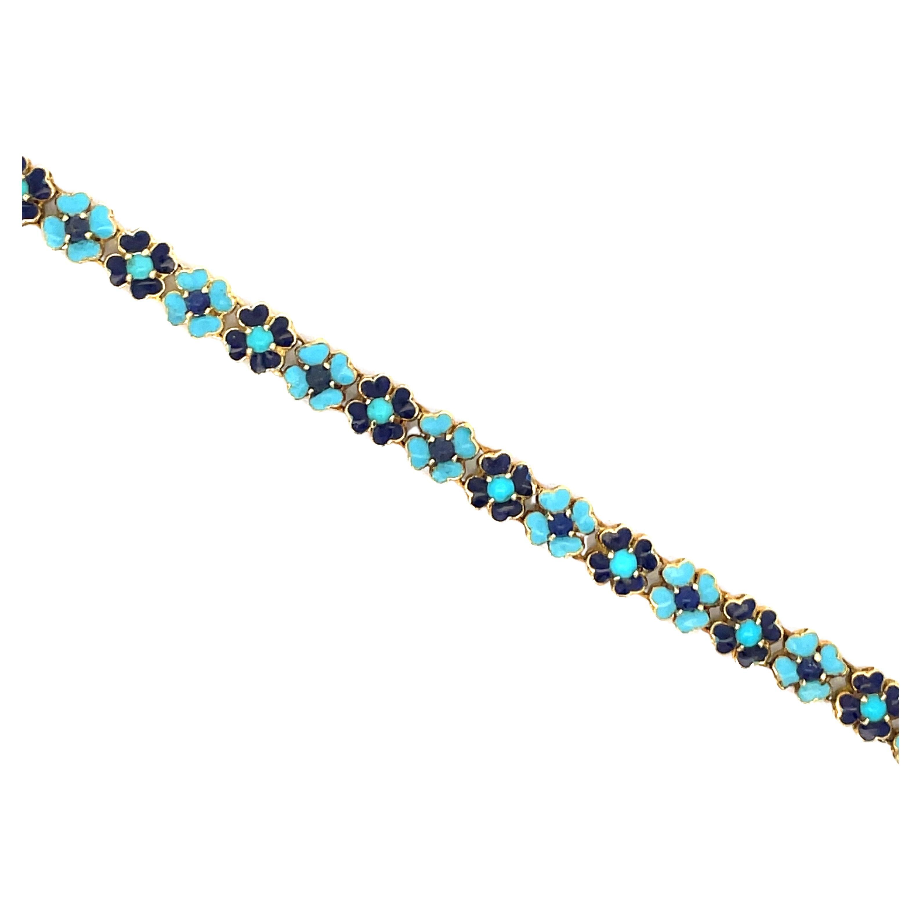 Bracelet marguerite en or 18 carats avec fleurs alternées bleu pâle et bleu foncé italien