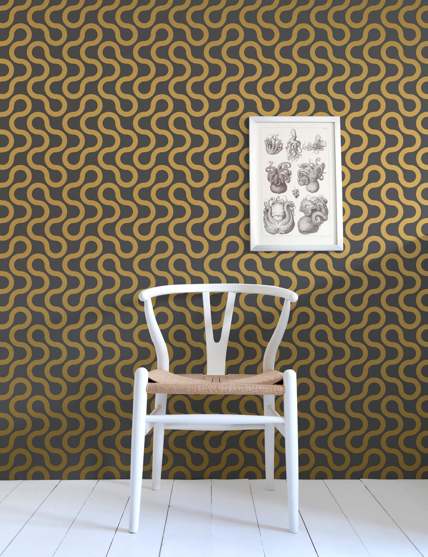 Contemporary Baby Designer Wallpaper in Eclipse 'Metallic Gold on Charcoal' For Sale