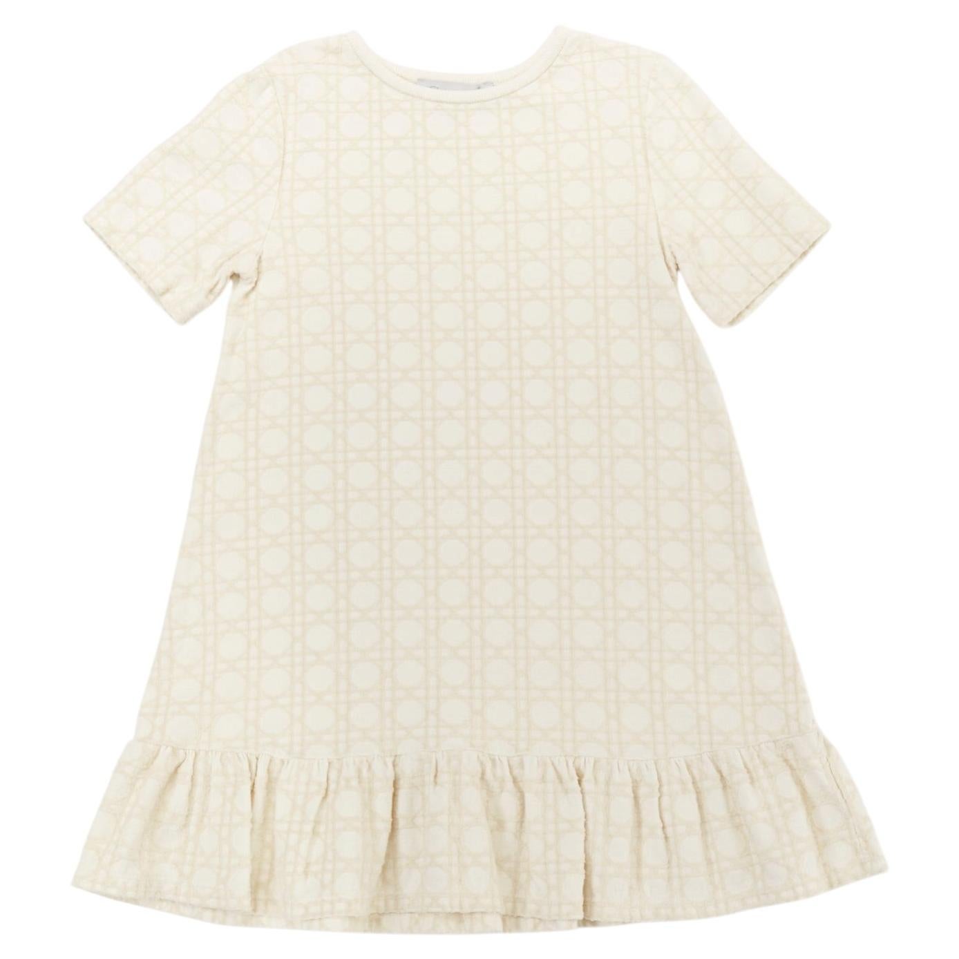 BABY DIOR ivory 100% cotton velvet flock Cannage ruffle hem A-line dress 6Y
