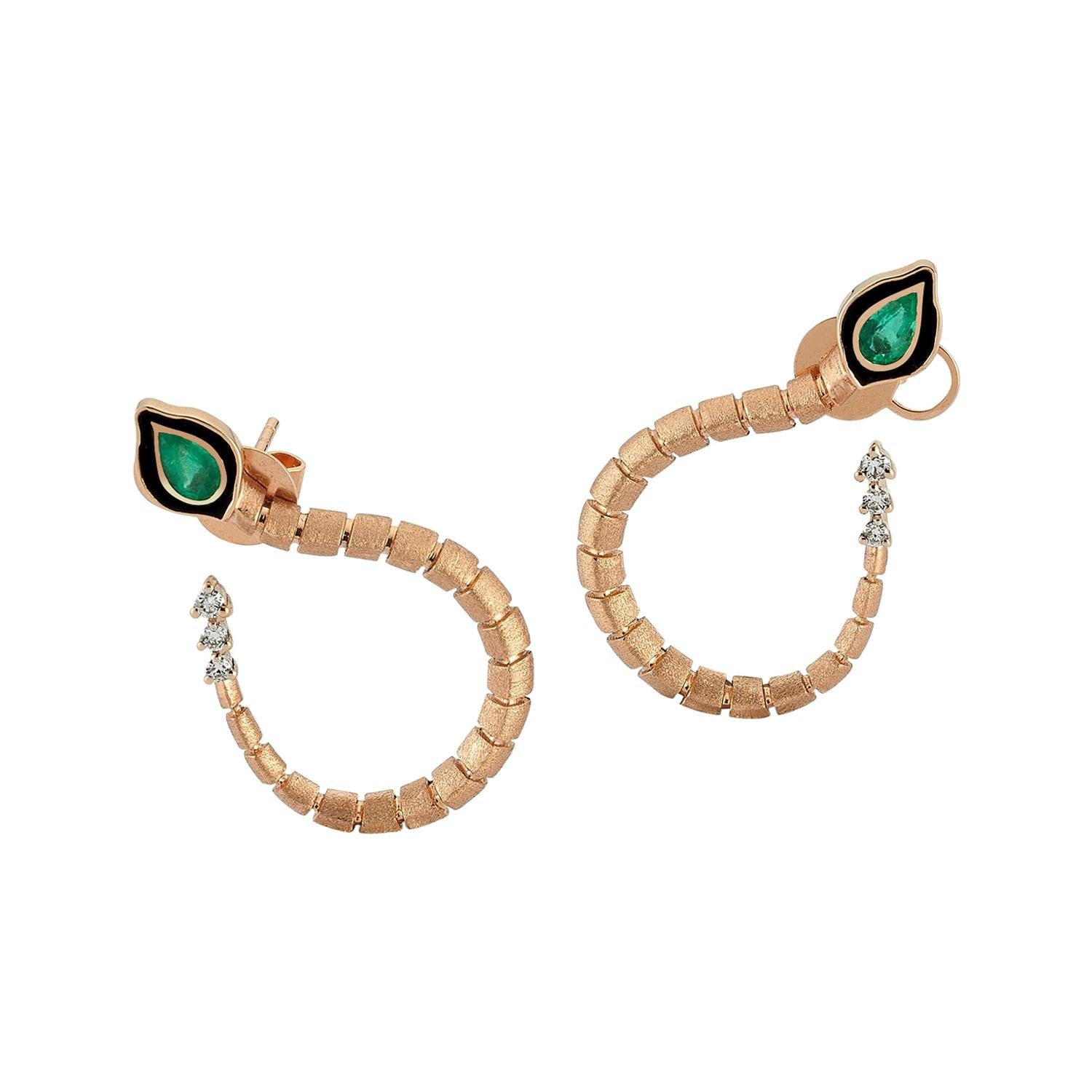 Baby Dragon Emerald Hoop Earrings in 14 Karat Rose Gold For Sale