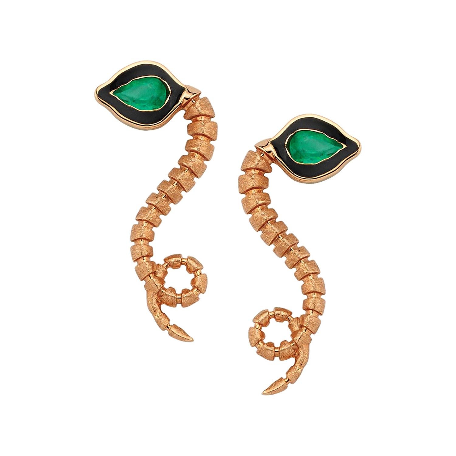 Baby Dragon Emerald Long Earrings in 14 Karat Rose Gold For Sale