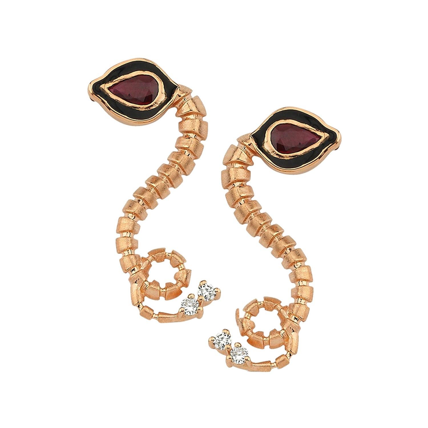 Baby Dragon Ruby Long Earrings in 14 Karat Rose Gold with Ruby For Sale