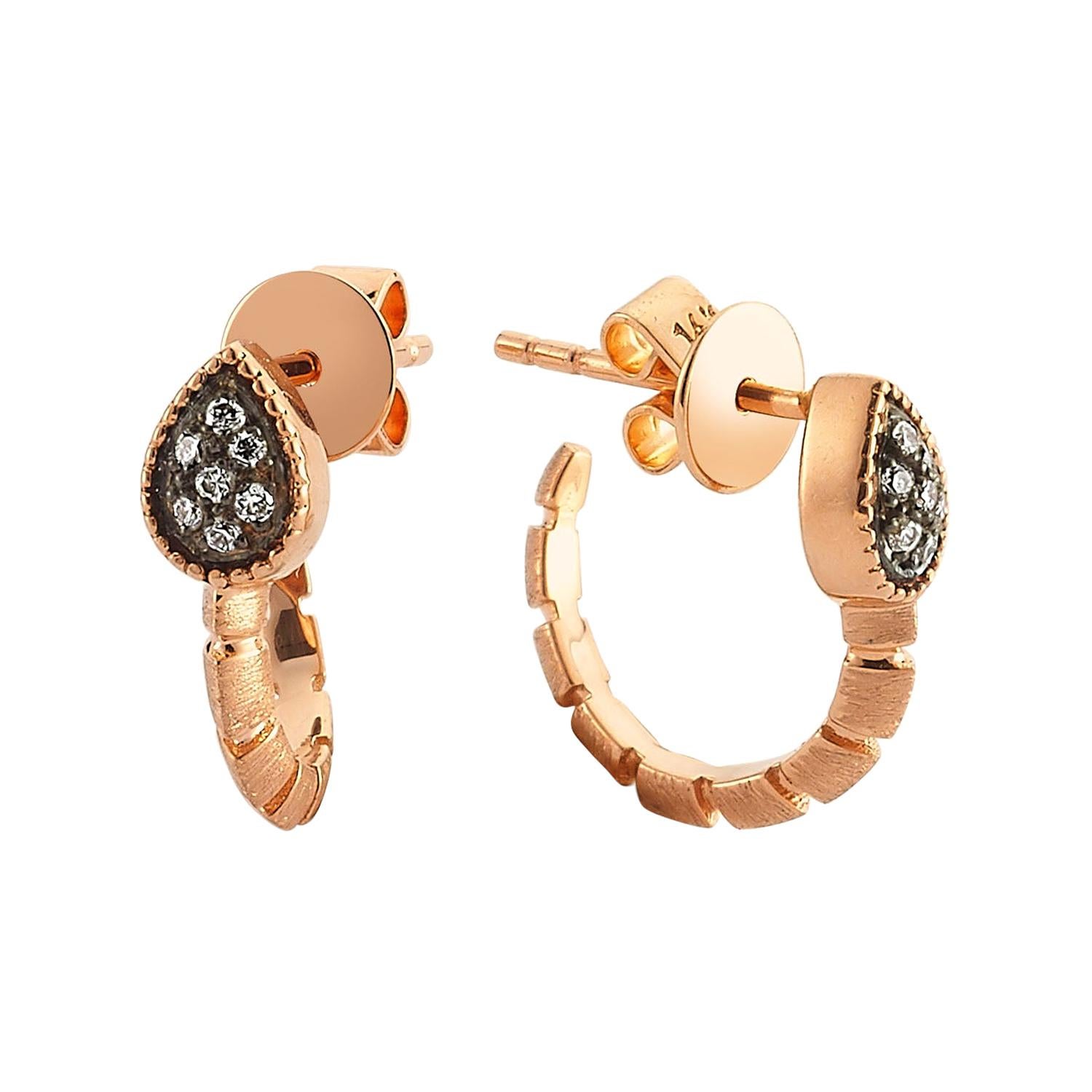 Baby Dragon Small Hoop Earrings in 14 Karat Rose Gold with White Diamond For Sale
