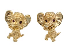 Baby Elephant Clip-On Stud Earrings with Pink Crystals in 14 Karat Yellow Gold
