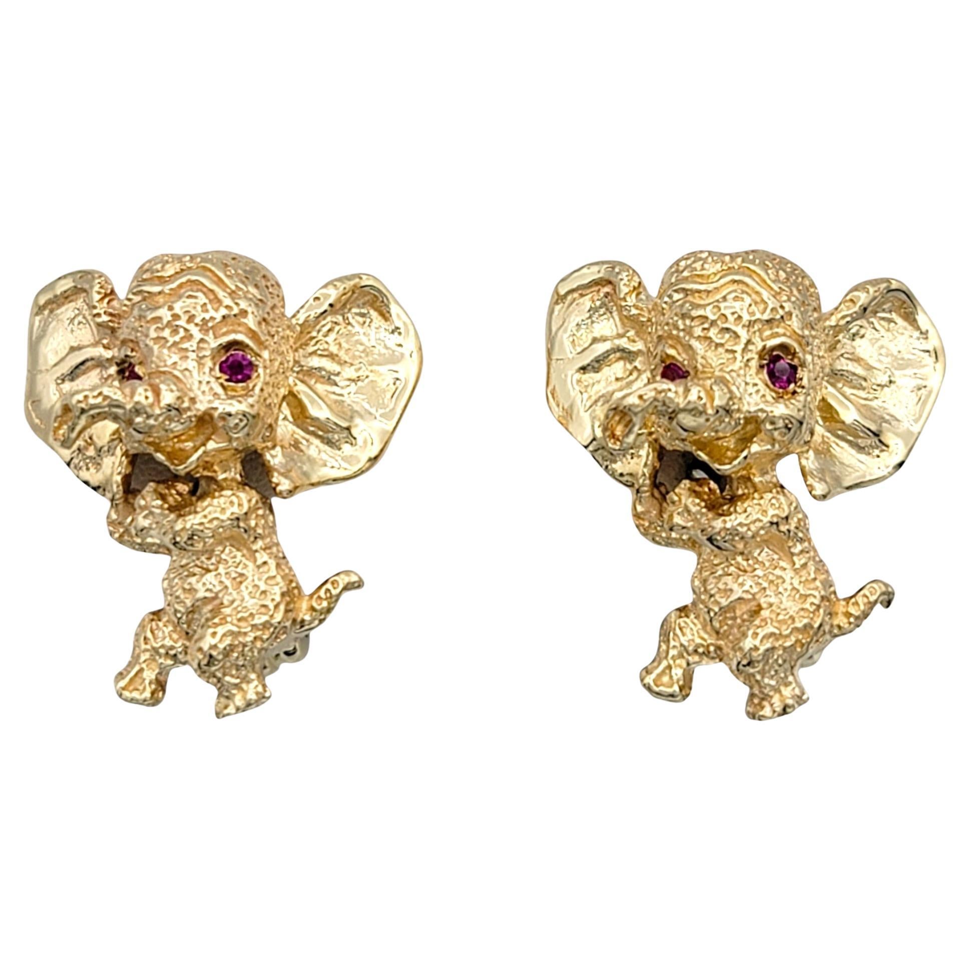 Boucles d'oreilles clips bébé éléphant en or jaune 14 carats avec cristaux roses