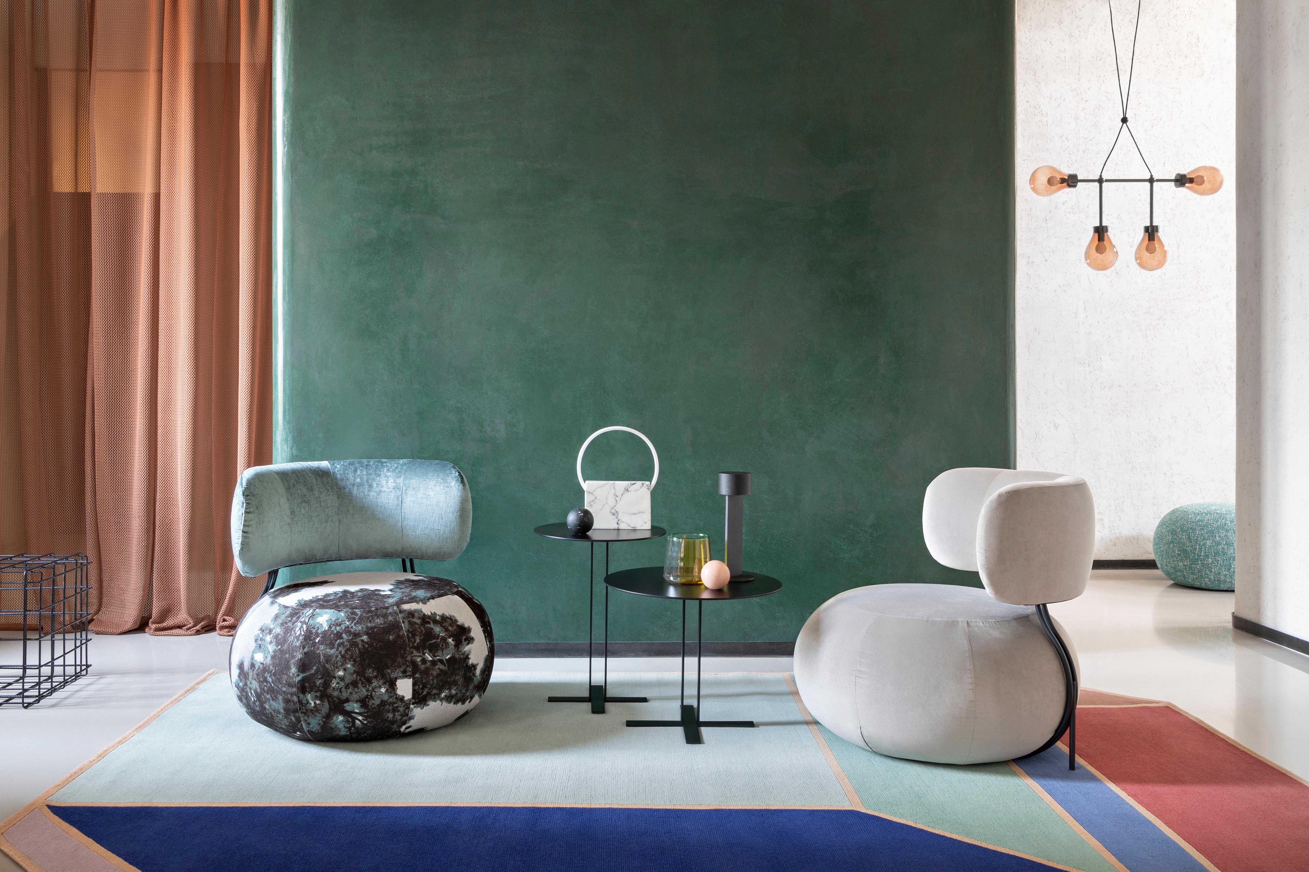 Contemporary Baby Geo Armchair in Blue Velvet Upholstery & Grey Legs by Paolo Grasselli For Sale