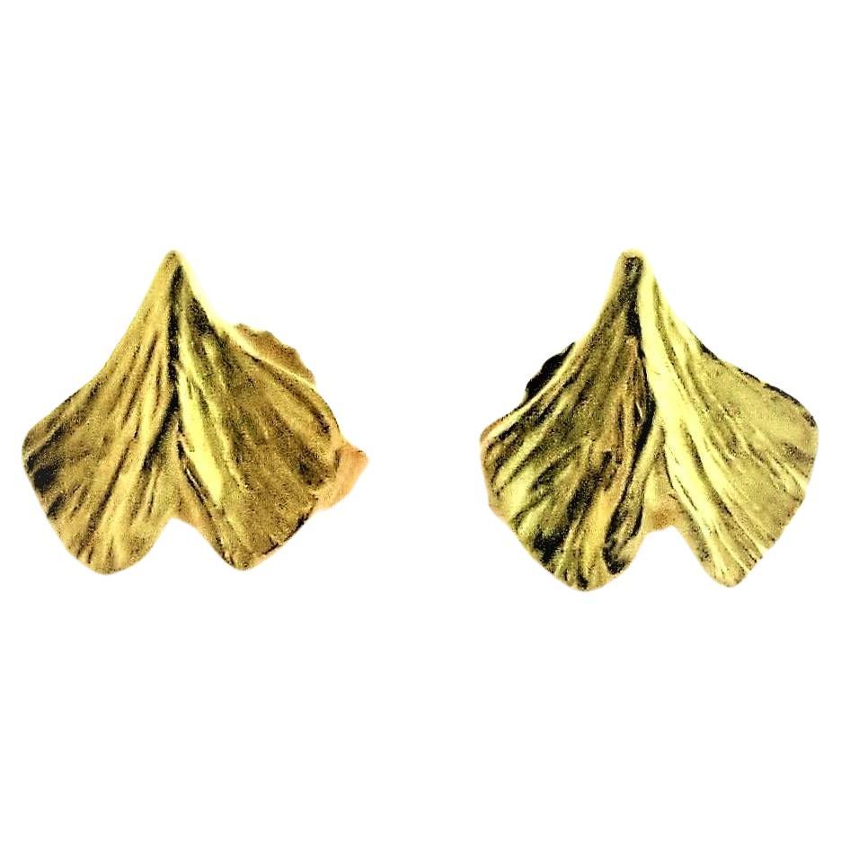 Baby Gingko Stud Earrings in 18K Gold for Multi Piercings For Sale