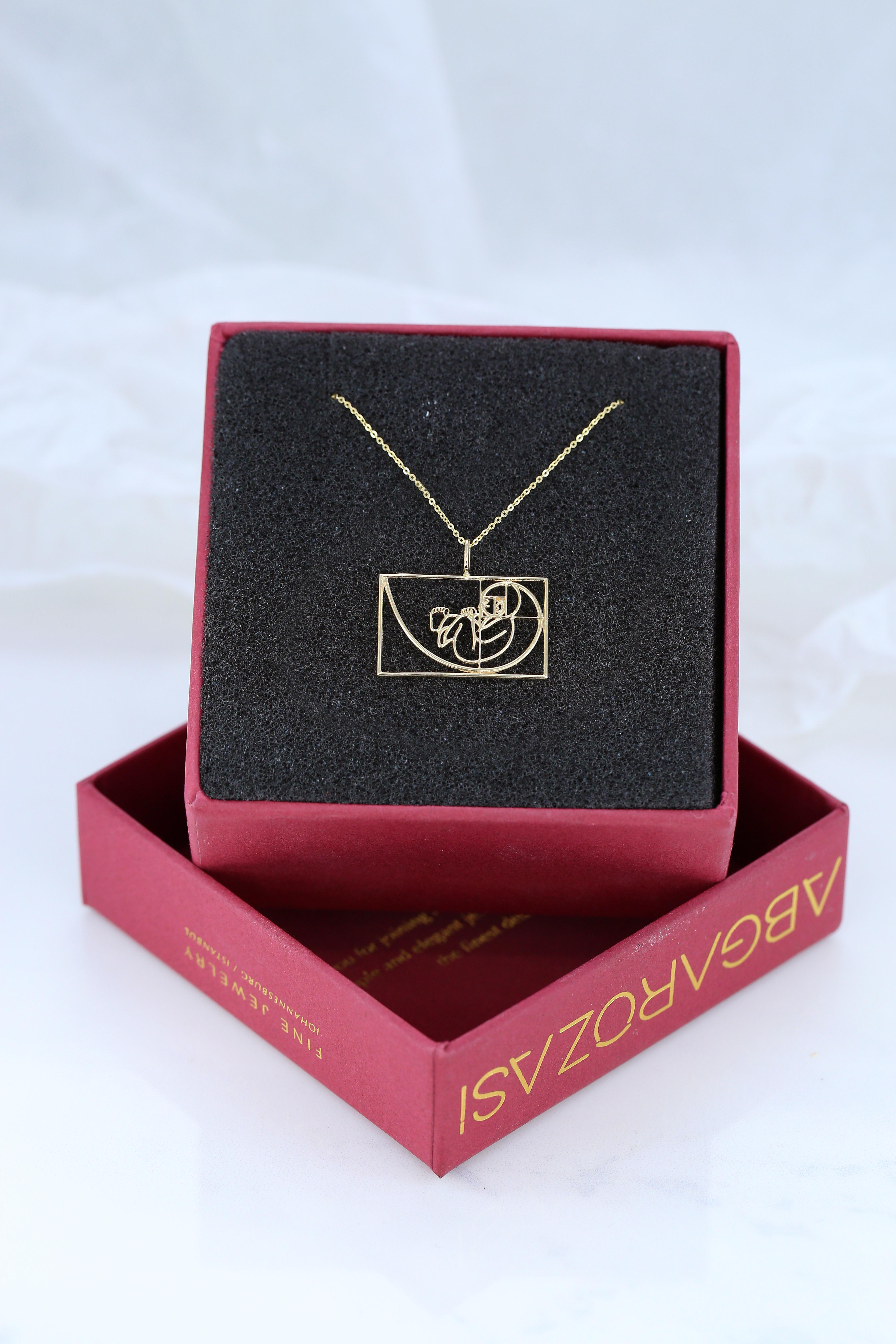 Modern Baby in the Womb Necklace with Pendant 14K Gold, Golden Ratio Necklace For Sale