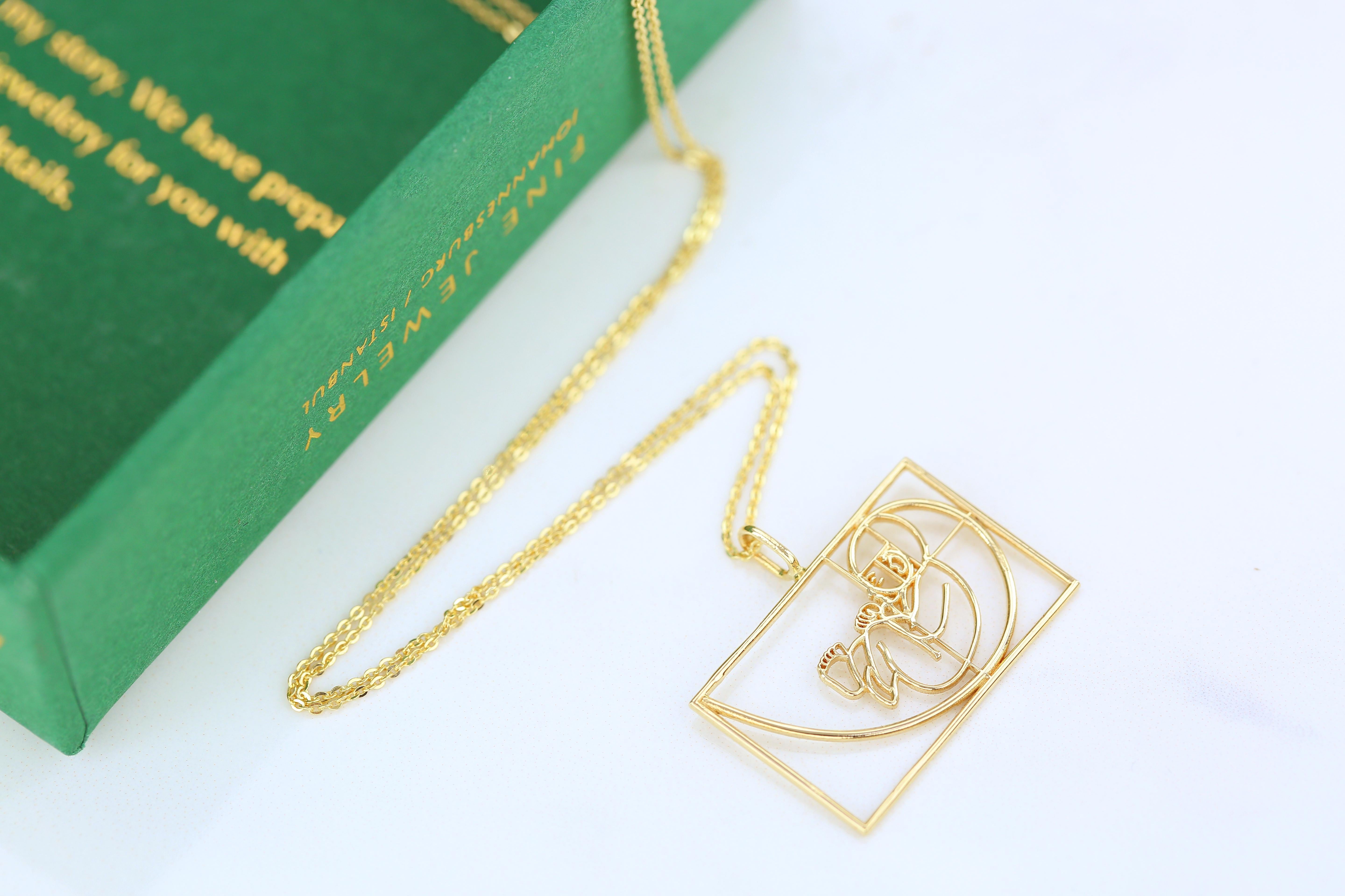 Baby in the Womb Necklace with Pendant 14K Gold, Golden Ratio Necklace In New Condition For Sale In ISTANBUL, TR