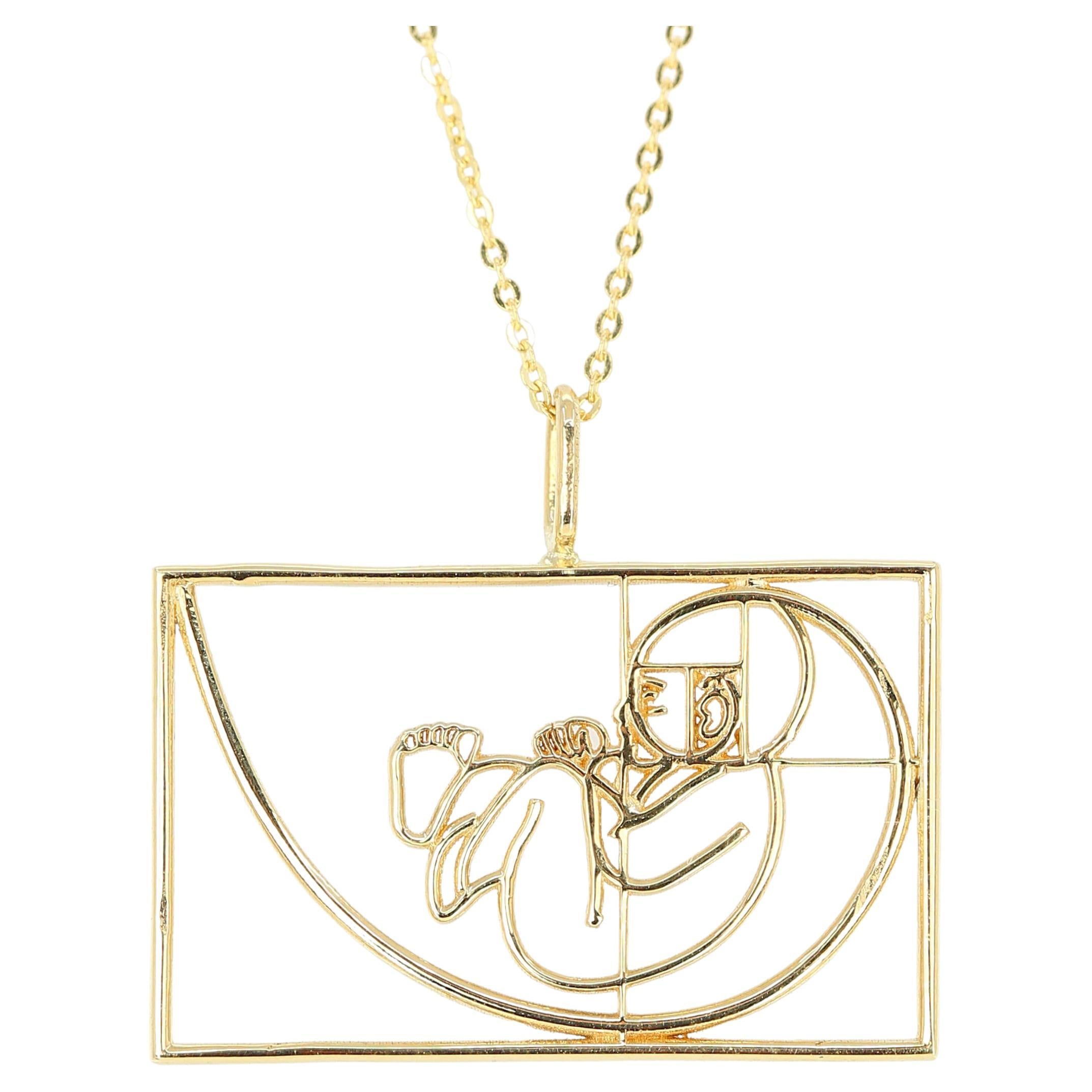 Baby in the Womb Necklace with Pendant 14K Gold, Golden Ratio Necklace For Sale