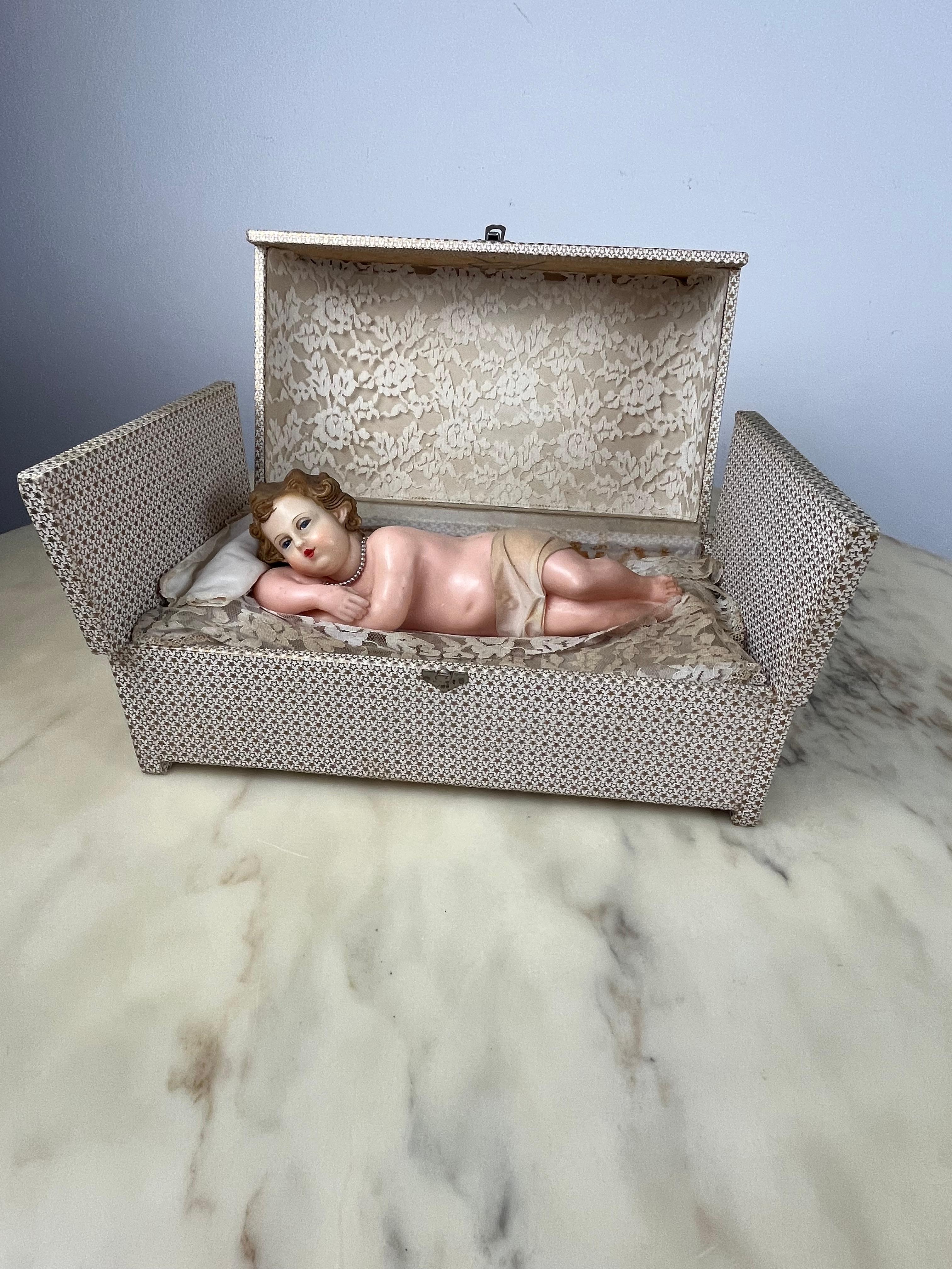 Italian Baby Jesus in Wax, Music Box and Movement, Italy, 1940s For Sale