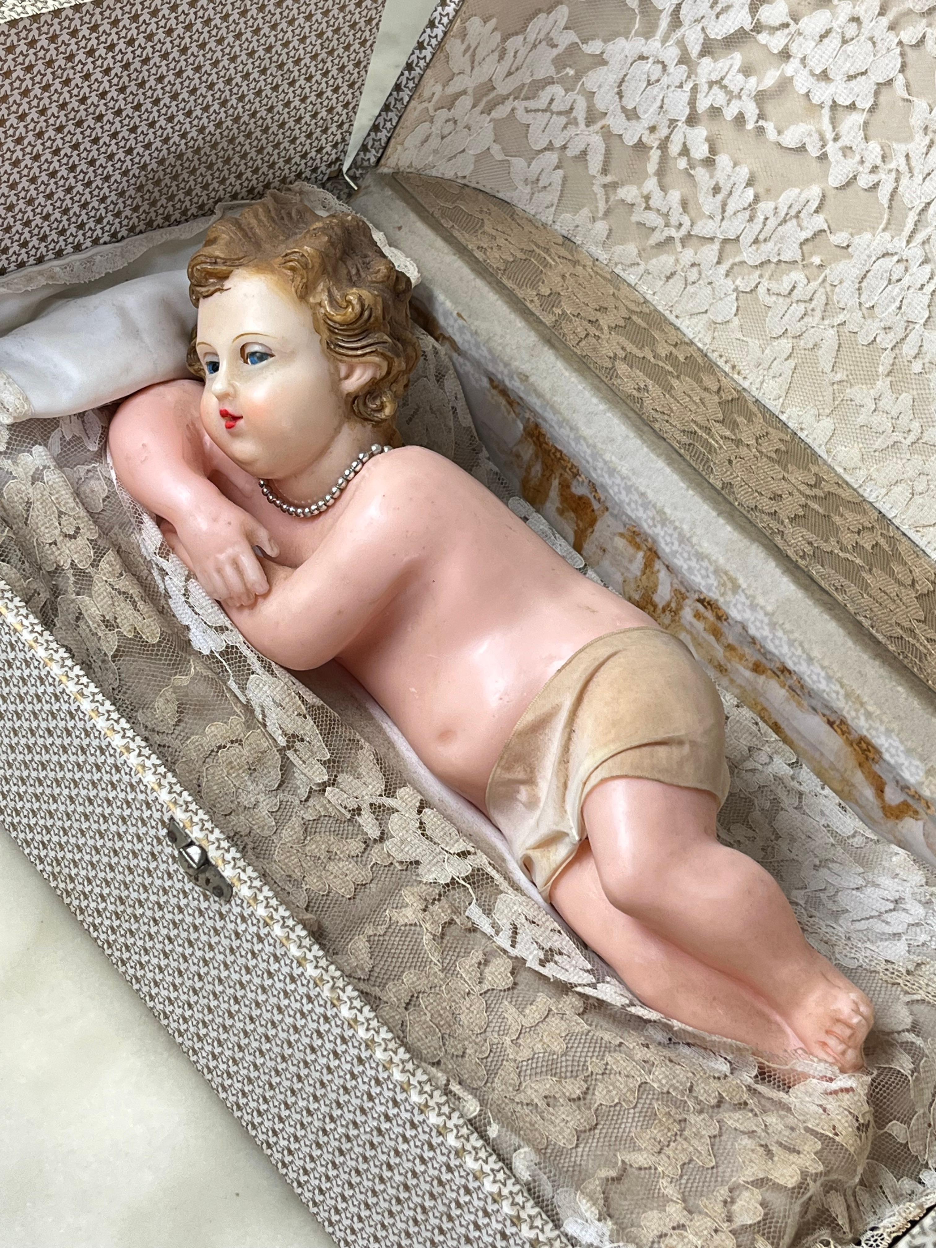 Mid-20th Century Baby Jesus Music Box and Movement 1960s For Sale