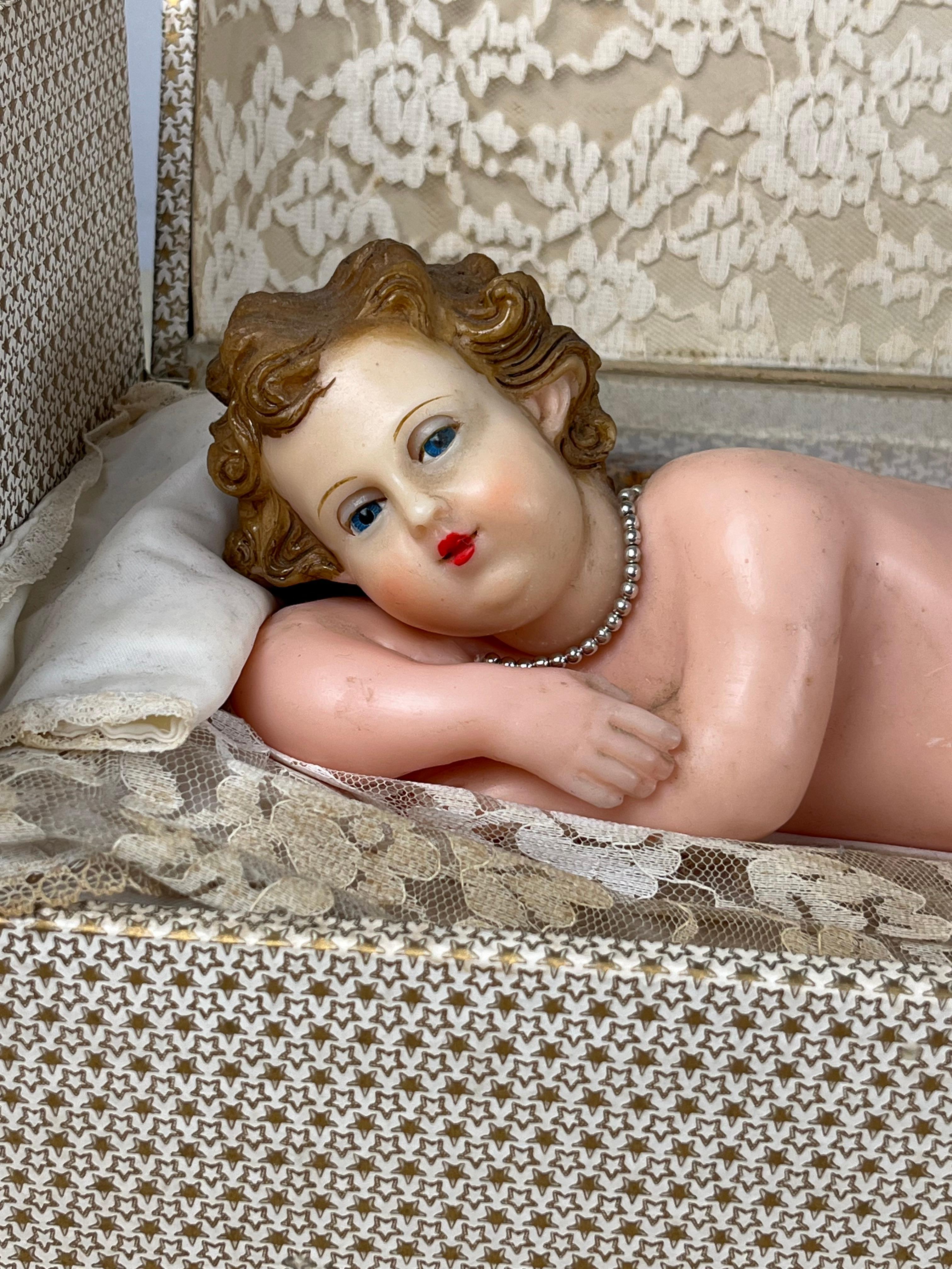 Mid-20th Century Baby Jesus in Wax, Music Box and Movement, Italy, 1940s For Sale