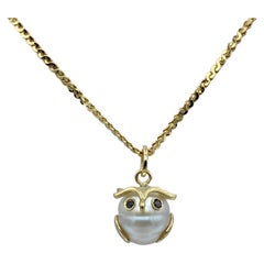 Baby Owl Black Diamond Yellow 18 Karat Gold Australian Pearl Pendant/Necklace