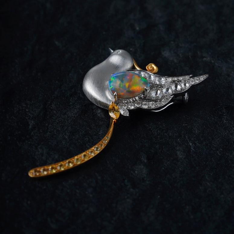 Women's or Men's Baby Phoenix - Black Opal, Diamond, Sapphire Pendant Brooch 18K Gold For Sale