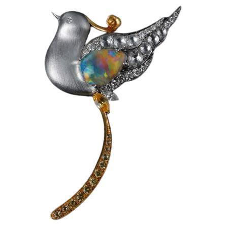 Baby Phoenix - Black Opal, Diamond, Sapphire Pendant Brooch 18K Gold For Sale