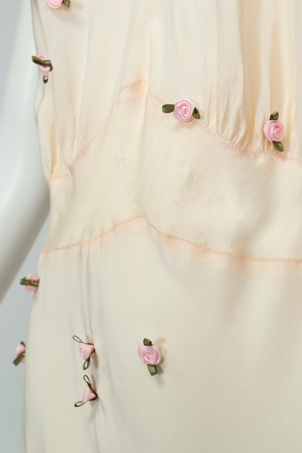 Baby Pink Bias Tie-Shoulder Nightgown with Rosebud Appliqués – M, 1930s 2