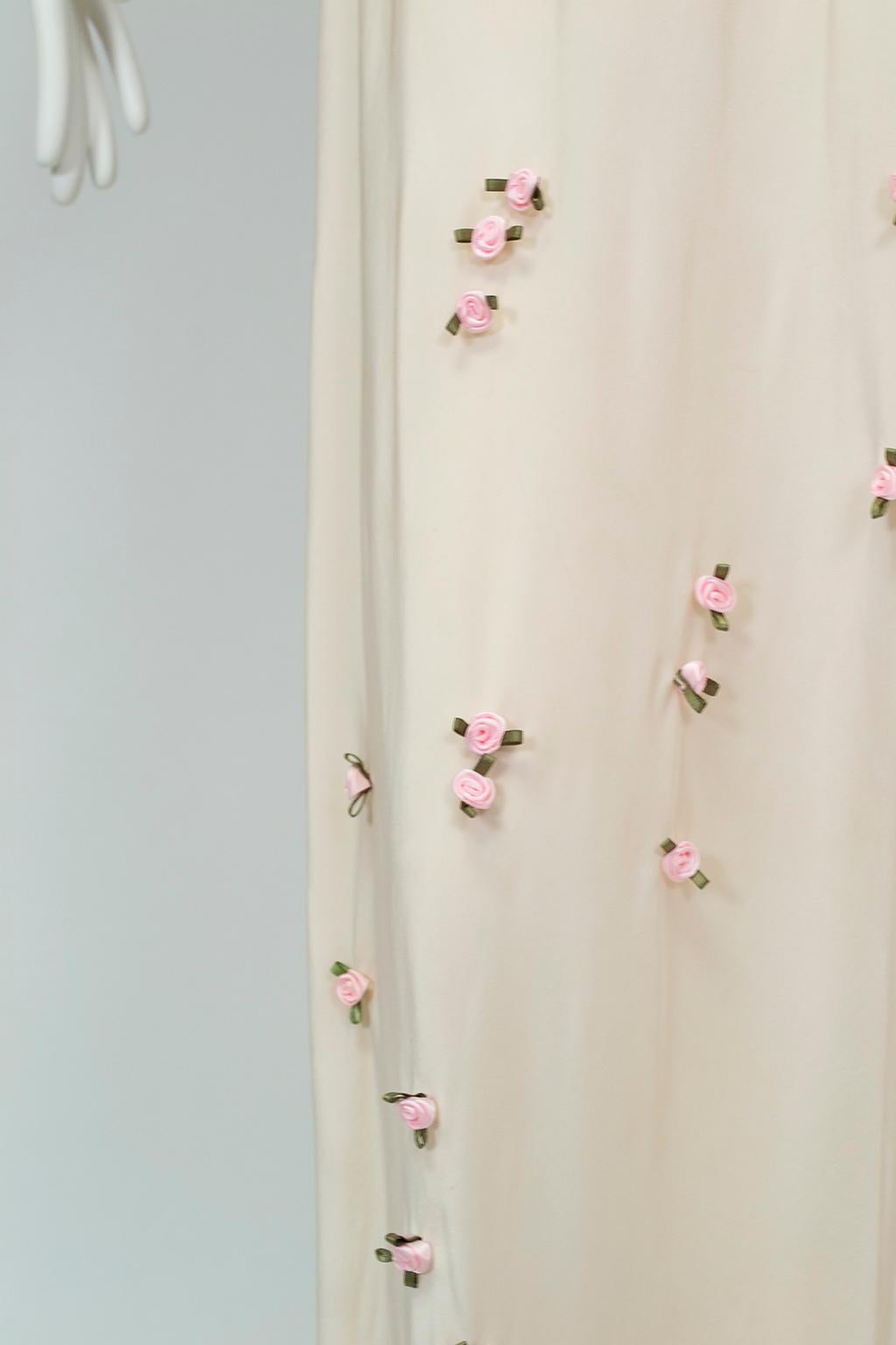 Baby Pink Bias Tie-Shoulder Nightgown with Rosebud Appliqués – M, 1930s 3
