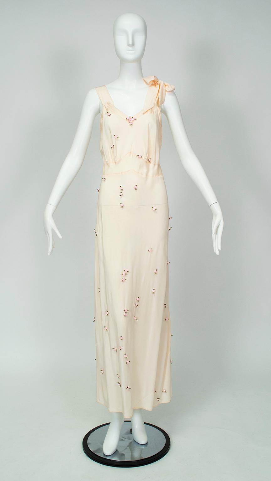 Of course, the rosebuds are the stars of this nightgown.  But don’t underestimate the shoulder tie, which almost dares to be pulled (at which point an entirely different heavenly body will appear). Perfect as an intimate gift, bridal nightgown or