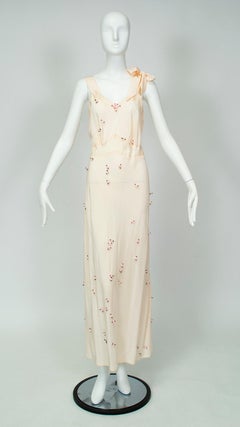 Baby Pink Bias Tie-Shoulder Nightgown with Rosebud Appliqués – M, 1930s