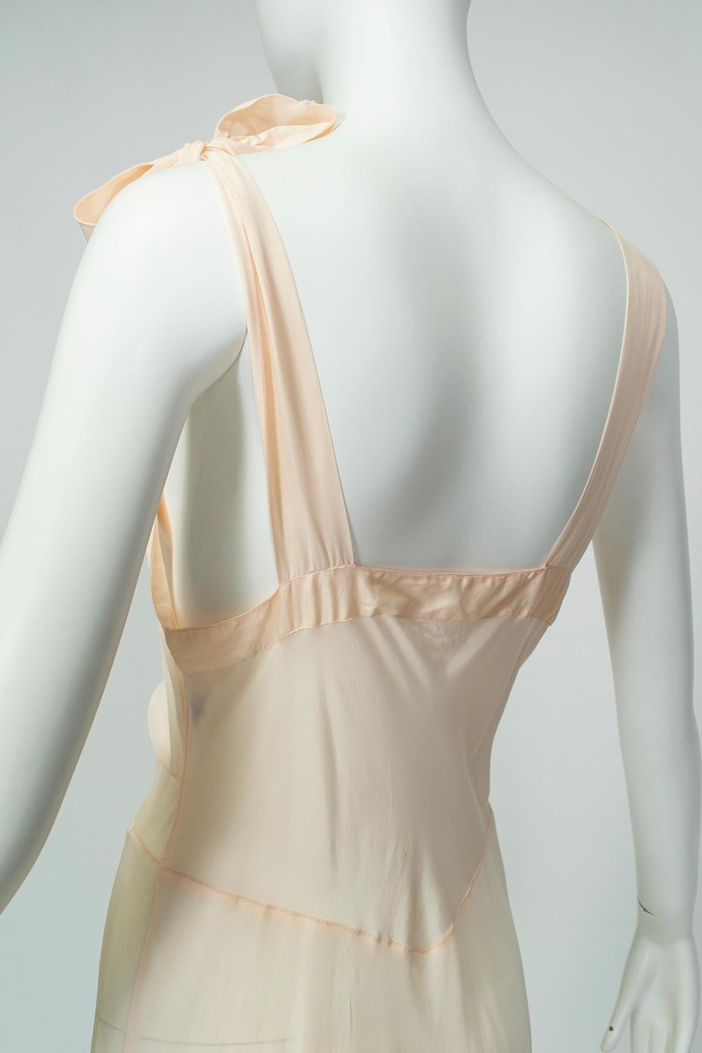 Beige Baby Pink Bias Tie-Shoulder Nightgown with Rosebud Appliqués – M, 1930s