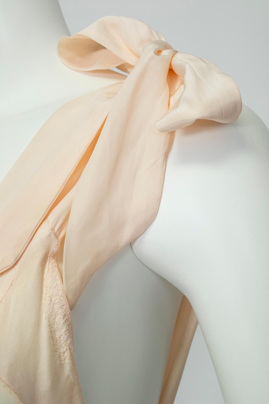 Women's Baby Pink Bias Tie-Shoulder Nightgown with Rosebud Appliqués – M, 1930s
