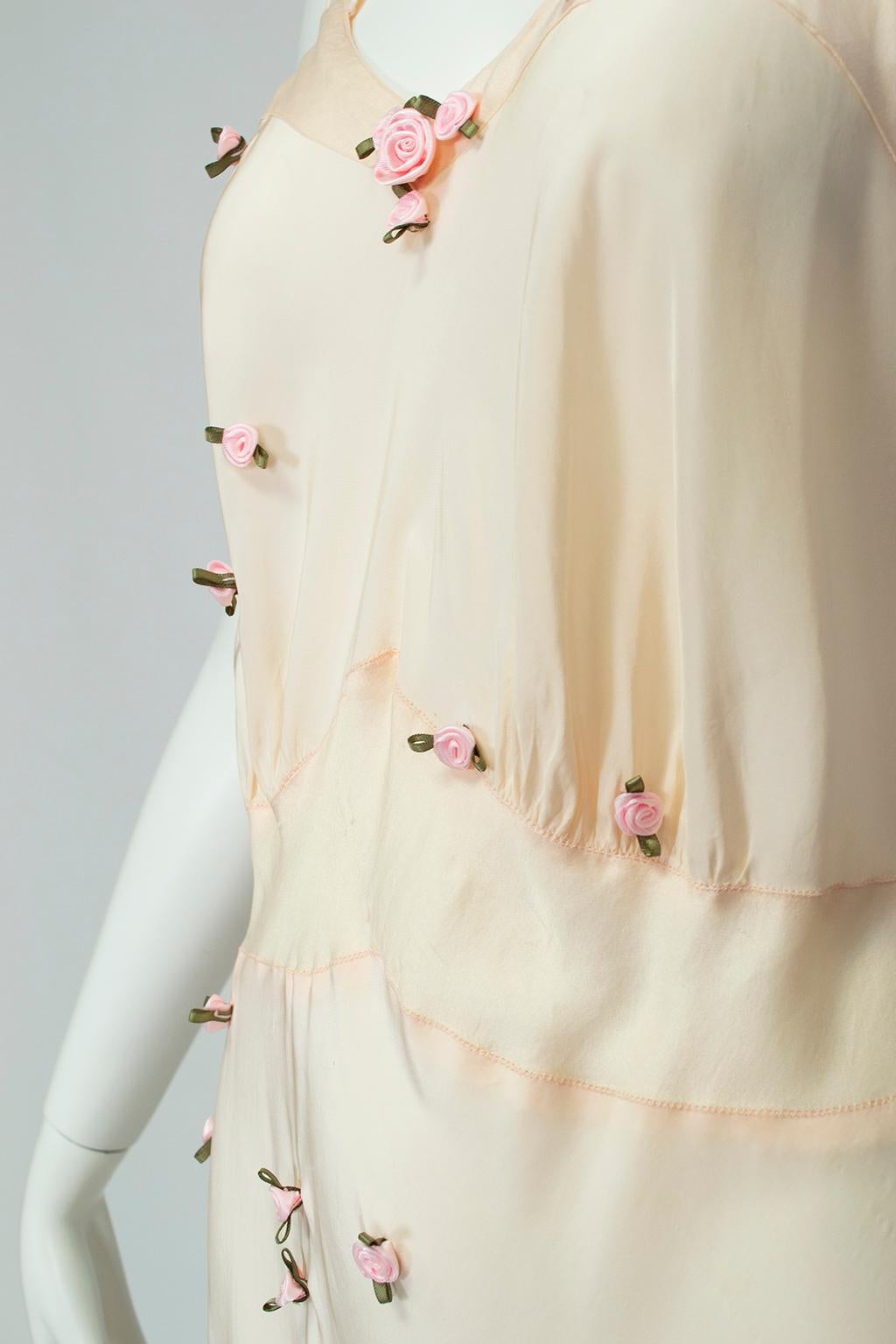 Baby Pink Bias Tie-Shoulder Nightgown with Rosebud Appliqués – M, 1930s 1