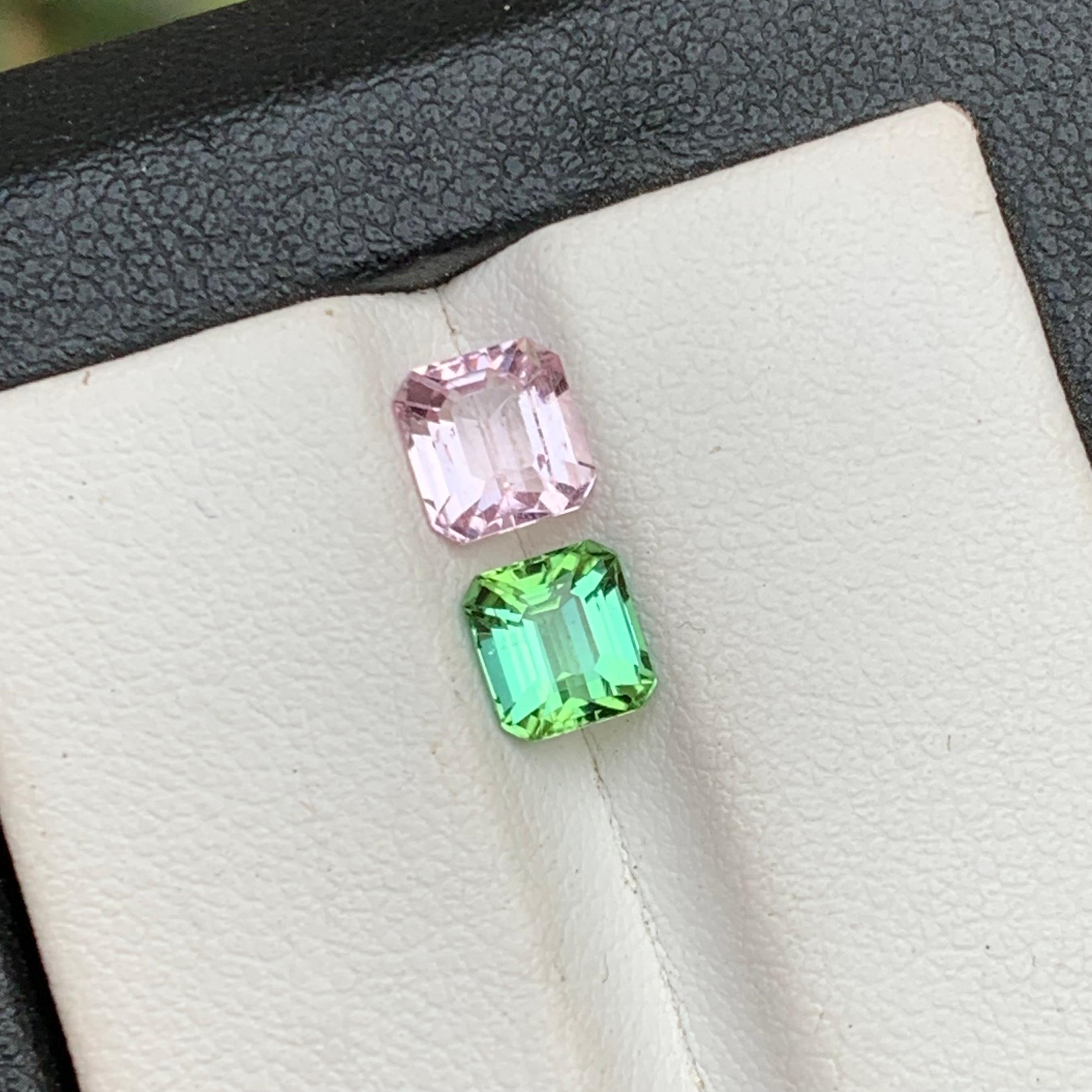 Emerald Cut Baby Pink & Minty Green Natural Tourmaline Loose Gemstone Reverse Pair 1.80 Ct For Sale